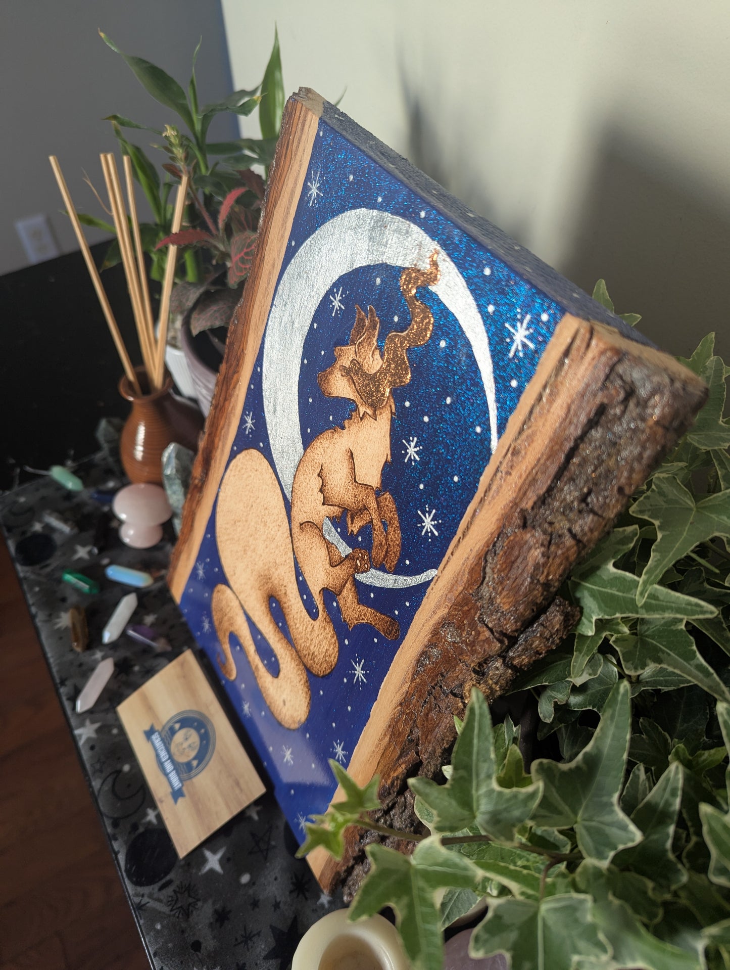 'Moonlit Fox Magic', Pyrography with Acrylics on Wood Desk/Wall Art