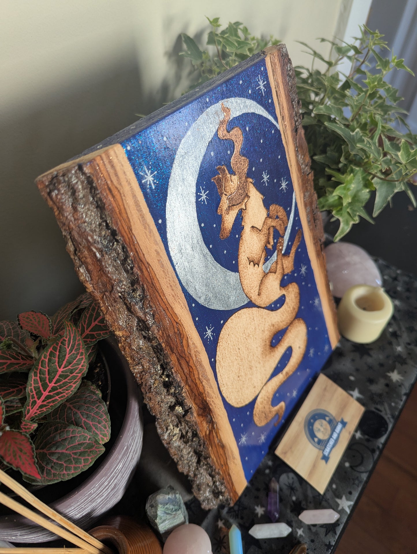 'Moonlit Fox Magic', Pyrography with Acrylics on Wood Desk/Wall Art