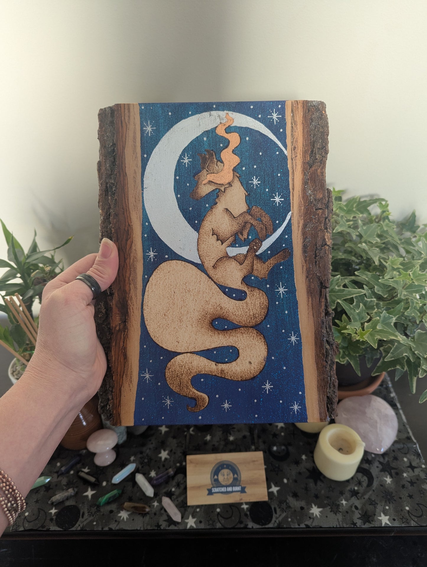 'Moonlit Fox Magic', Pyrography with Acrylics on Wood Desk/Wall Art