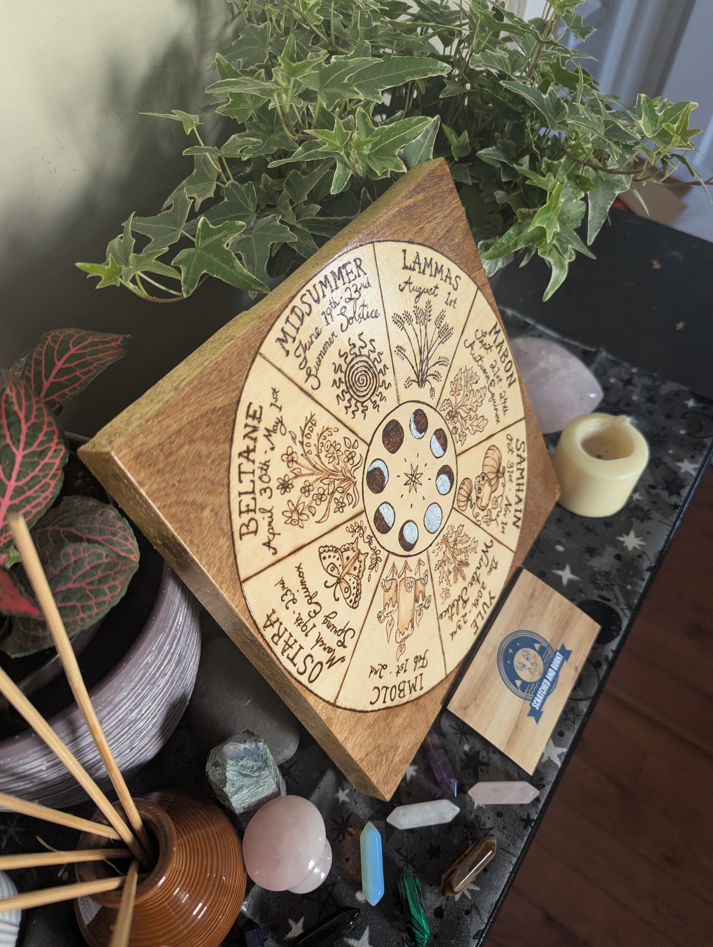 'Wheel of the Year – Simmer Pot Magic' Pyrography with Gold Foil Edger on Wood, Desk/Wall Art