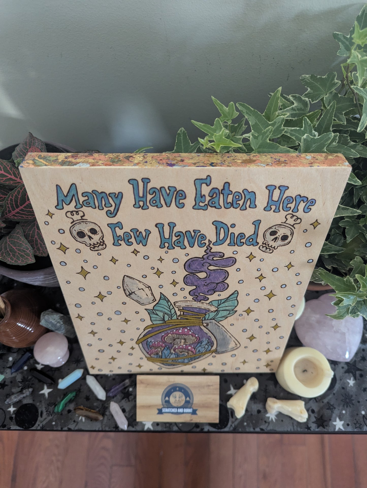 'Many Have Eaten Here, Few Have Died' w/ Potions Bottle, Pyrography with Watercolors, on Wood
