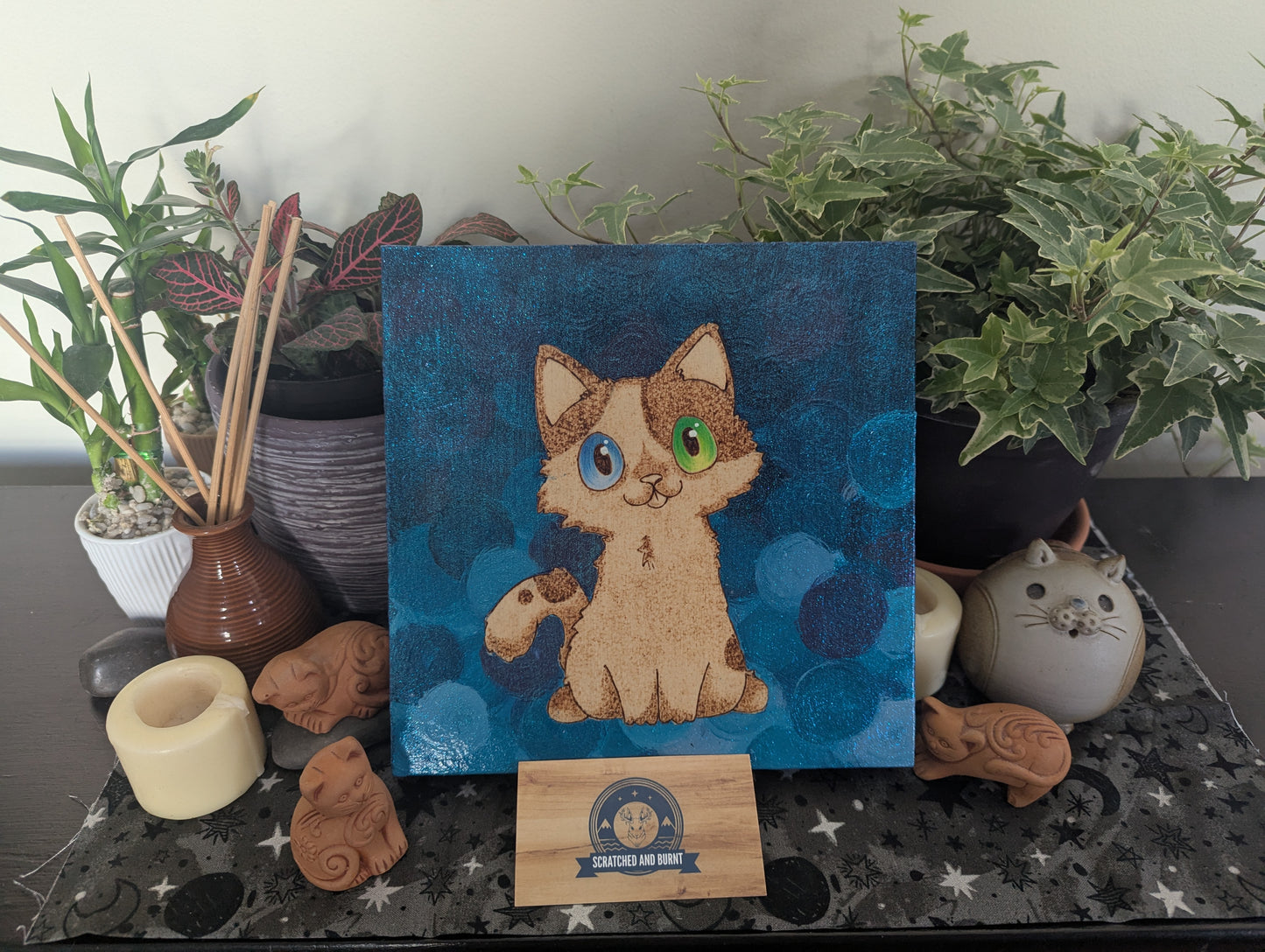 'Mismatched Eyes & Mischievous Blep' Cat, Pyrography with Paints, on Wood, Wall/ Desk Art