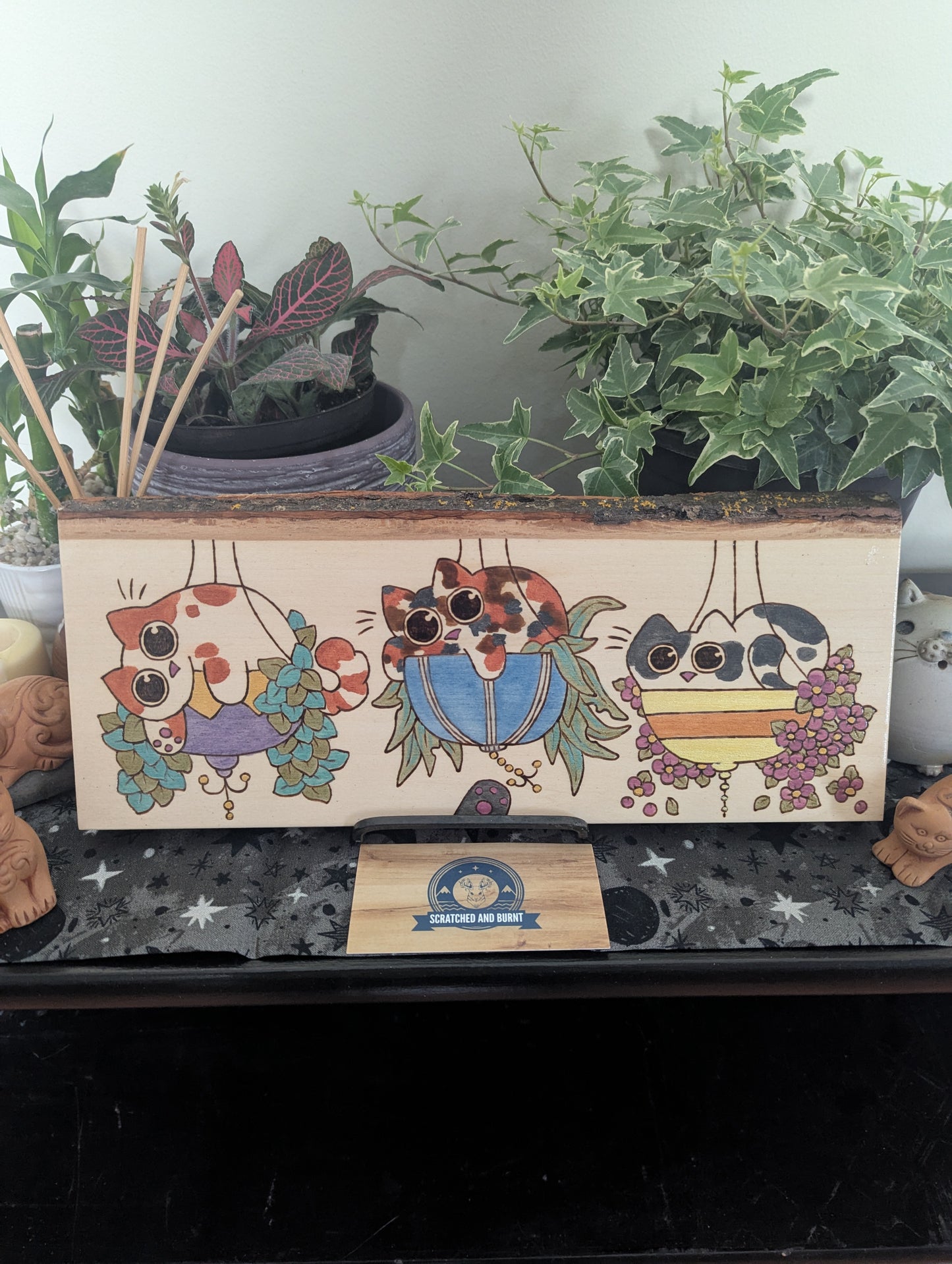 Cats in Plants, the Hanging Cat Trio, Pyrography, Watercolors on Wood, Desk/Wall Art