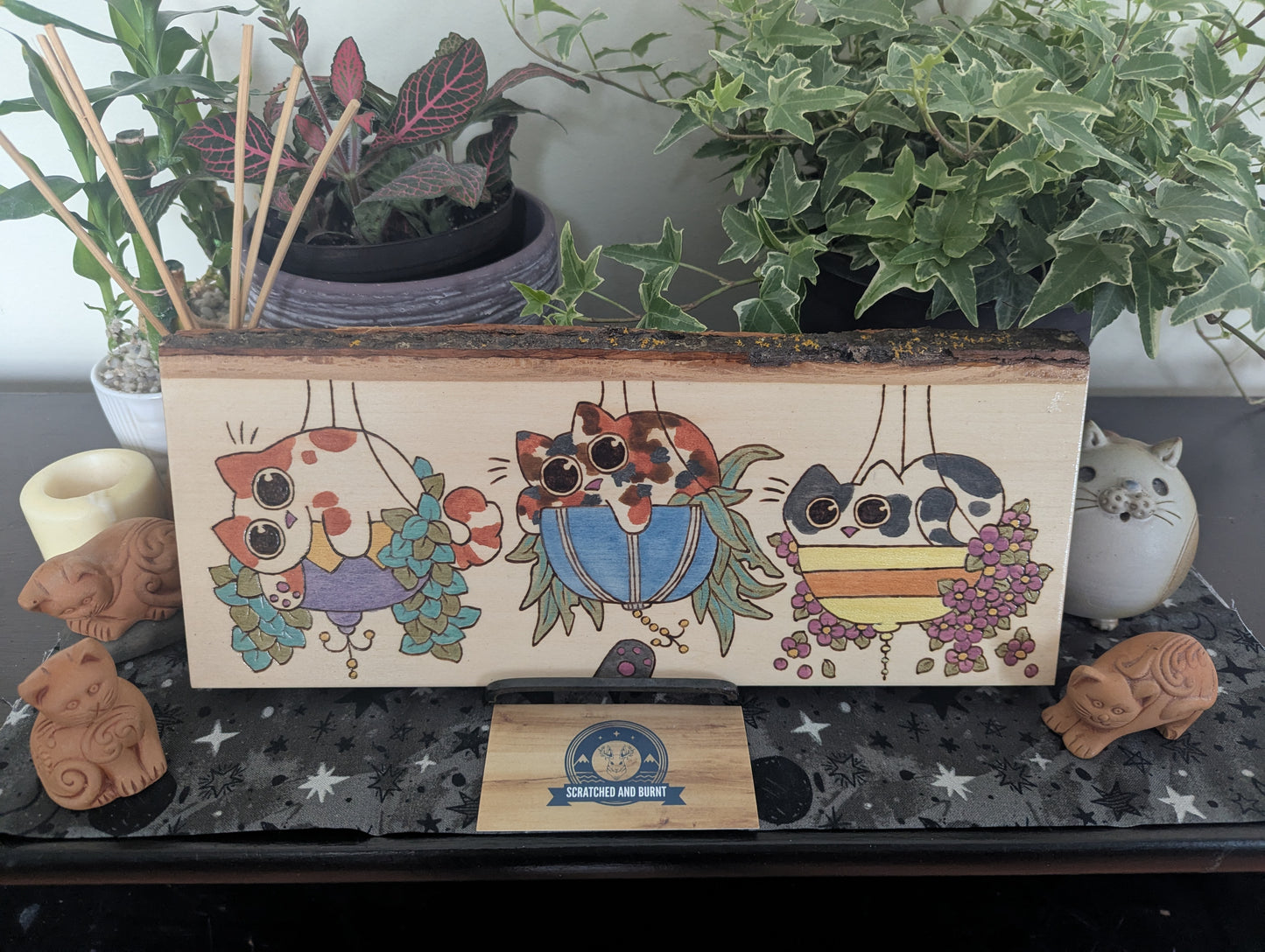 Cats in Plants, the Hanging Cat Trio, Pyrography, Watercolors on Wood, Desk/Wall Art