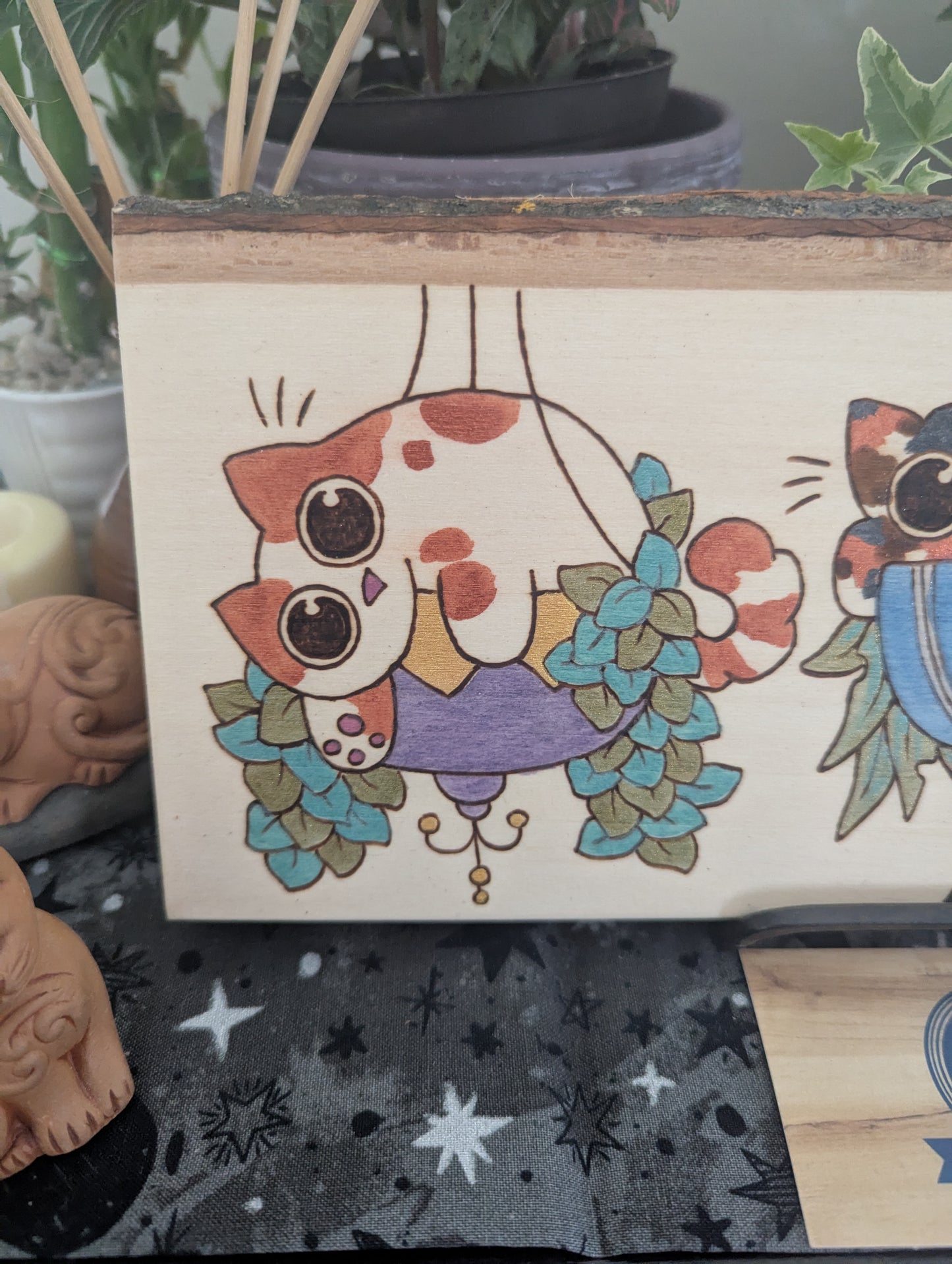 Cats in Plants, the Hanging Cat Trio, Pyrography, Watercolors on Wood, Desk/Wall Art