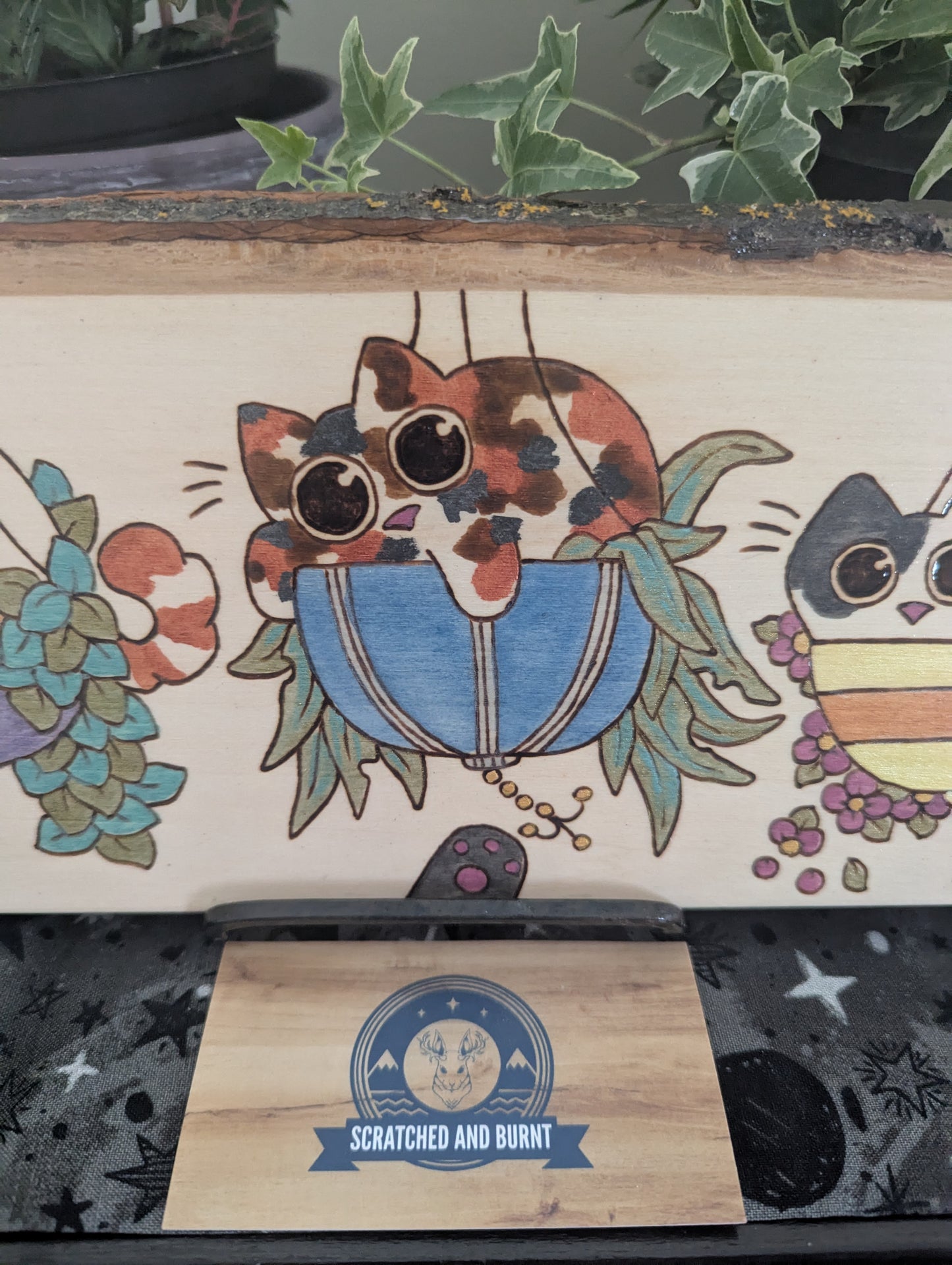Cats in Plants, the Hanging Cat Trio, Pyrography, Watercolors on Wood, Desk/Wall Art