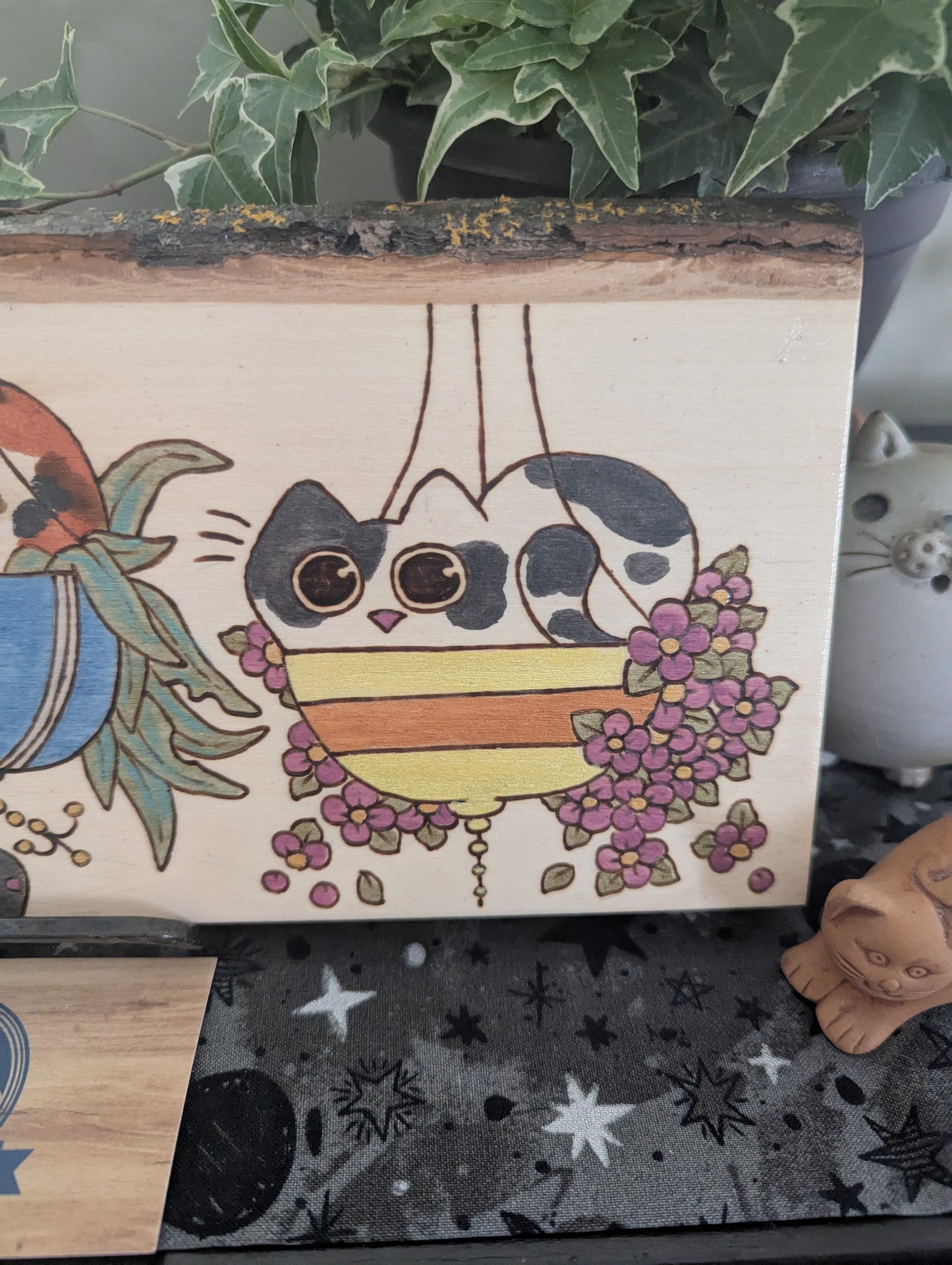 Cats in Plants, the Hanging Cat Trio, Pyrography, Watercolors on Wood, Desk/Wall Art