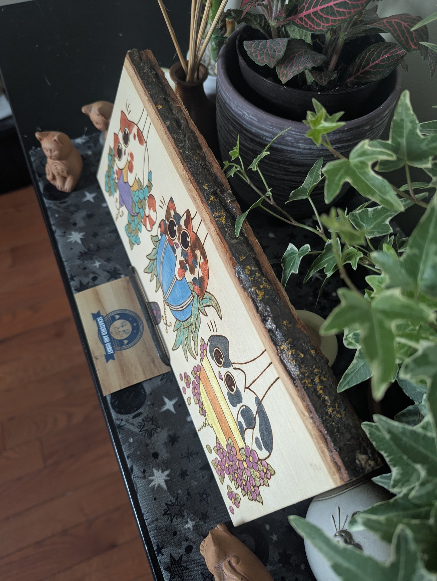 Cats in Plants, the Hanging Cat Trio, Pyrography, Watercolors on Wood, Desk/Wall Art