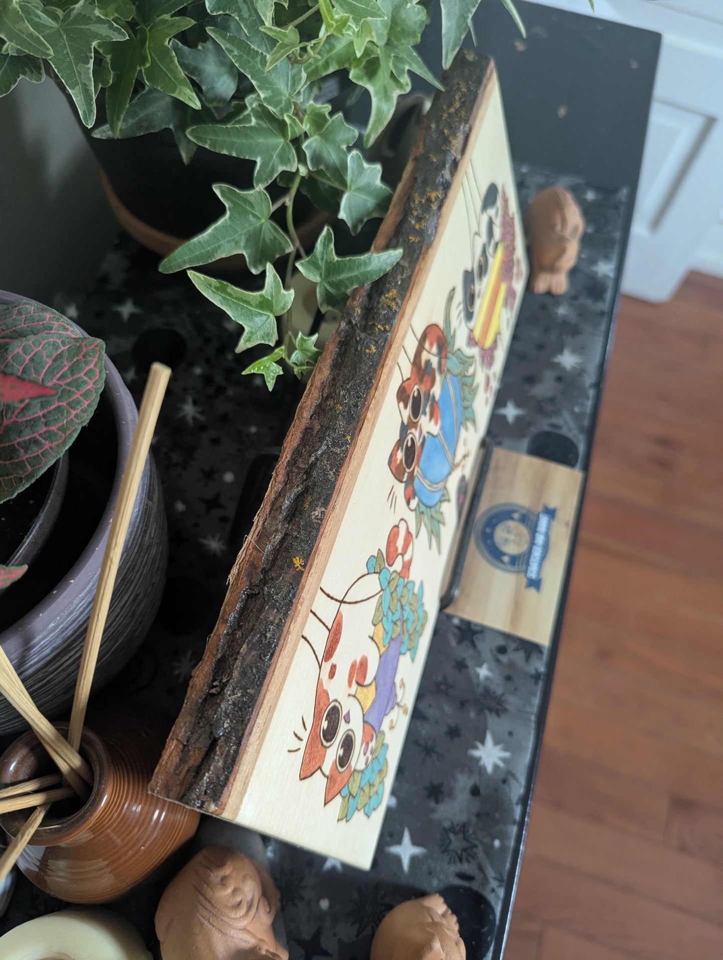 Cats in Plants, the Hanging Cat Trio, Pyrography, Watercolors on Wood, Desk/Wall Art