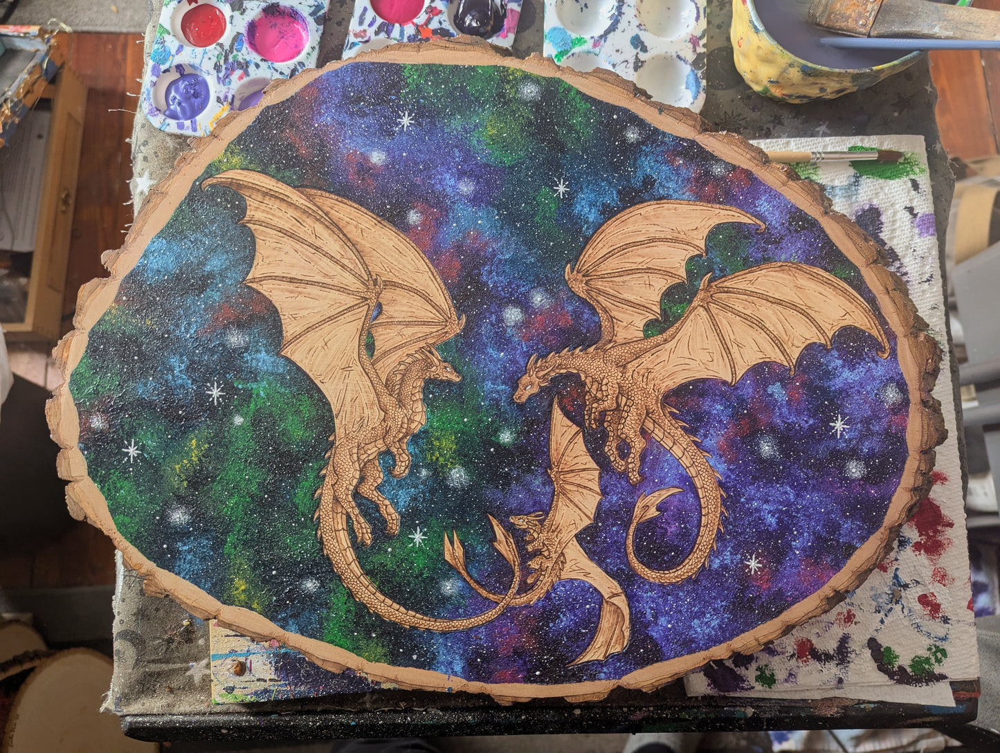Custom Piece 'Dragon Family' Pyrography w/ Acrylics Basswood Canvas