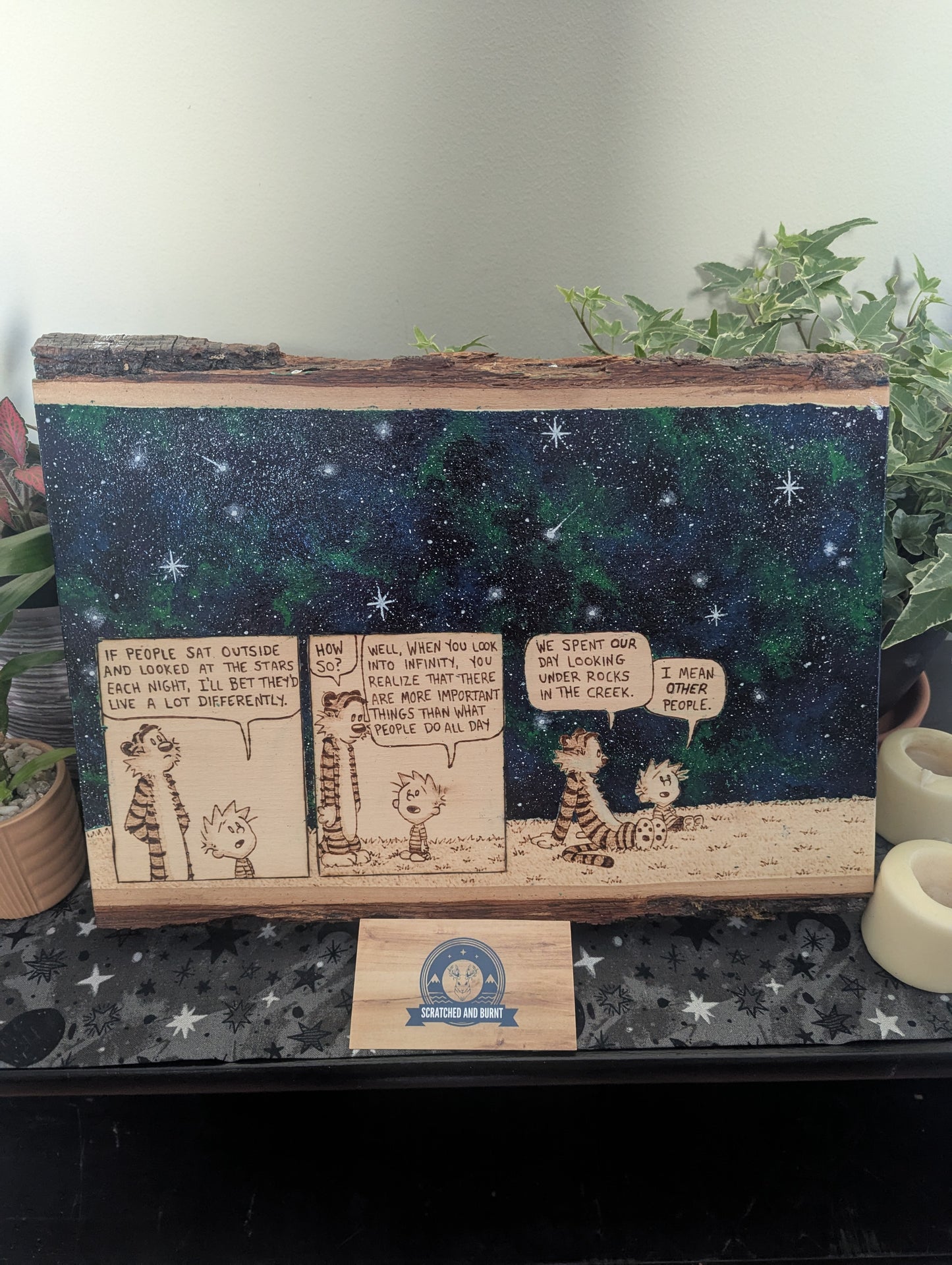Calvin and Hobbes 'Looking at the Stars' Pyrography on Wood Canvas