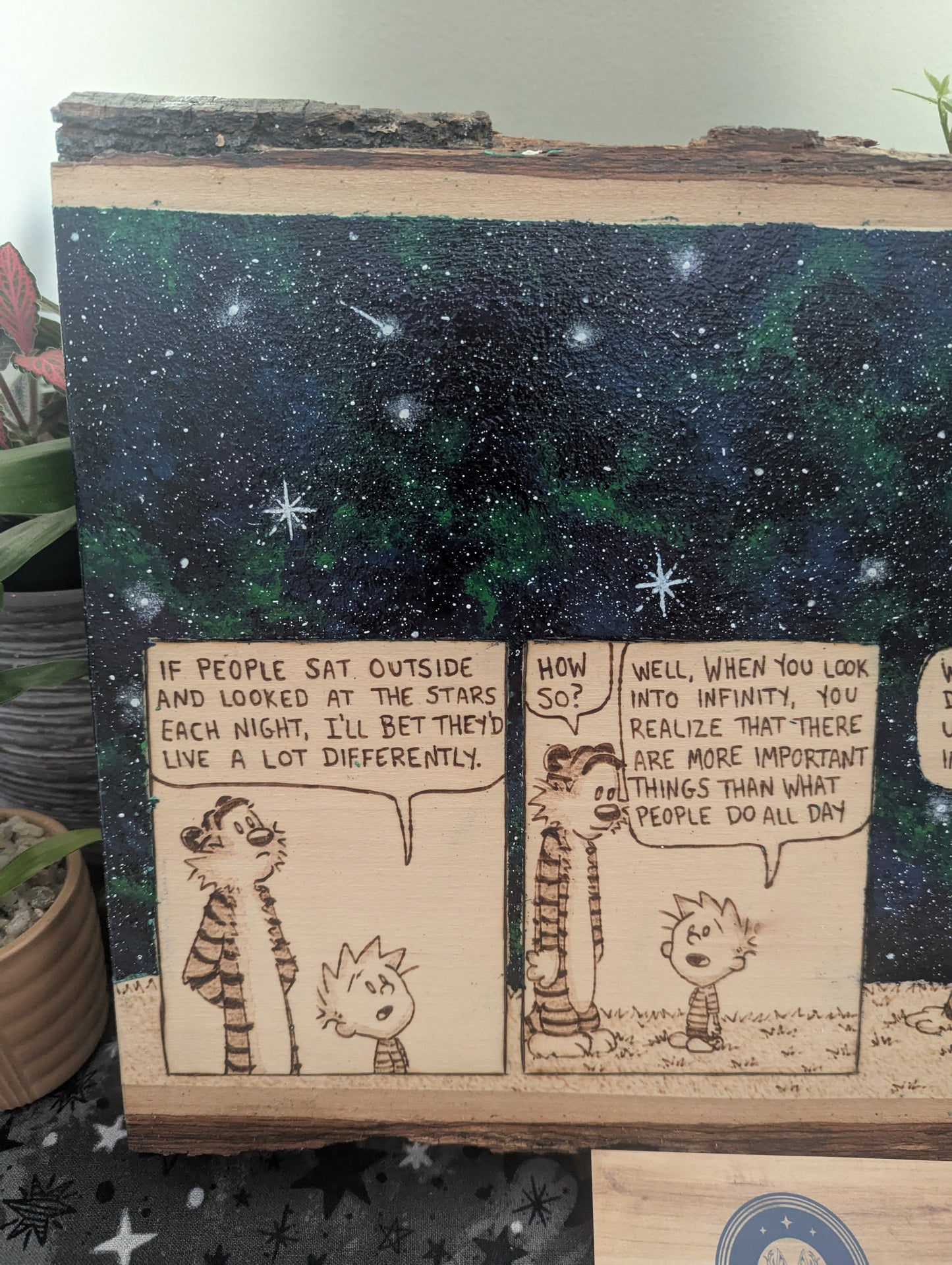 Calvin and Hobbes 'Looking at the Stars' Pyrography on Wood Canvas