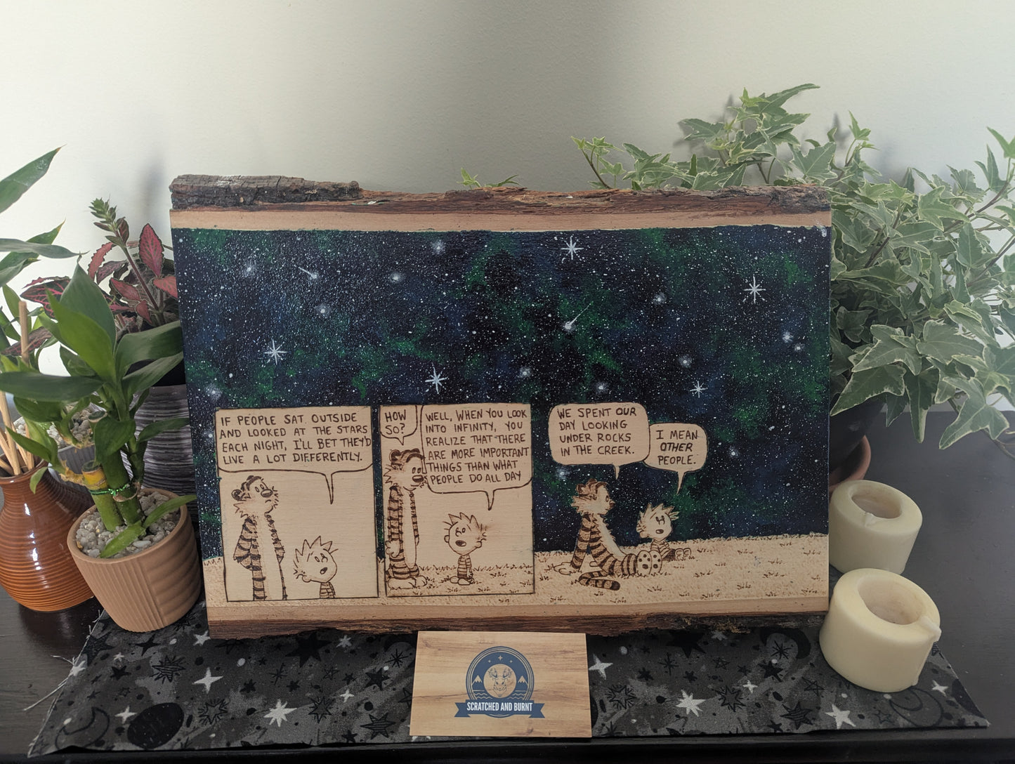 Calvin and Hobbes 'Looking at the Stars' Pyrography on Wood Canvas