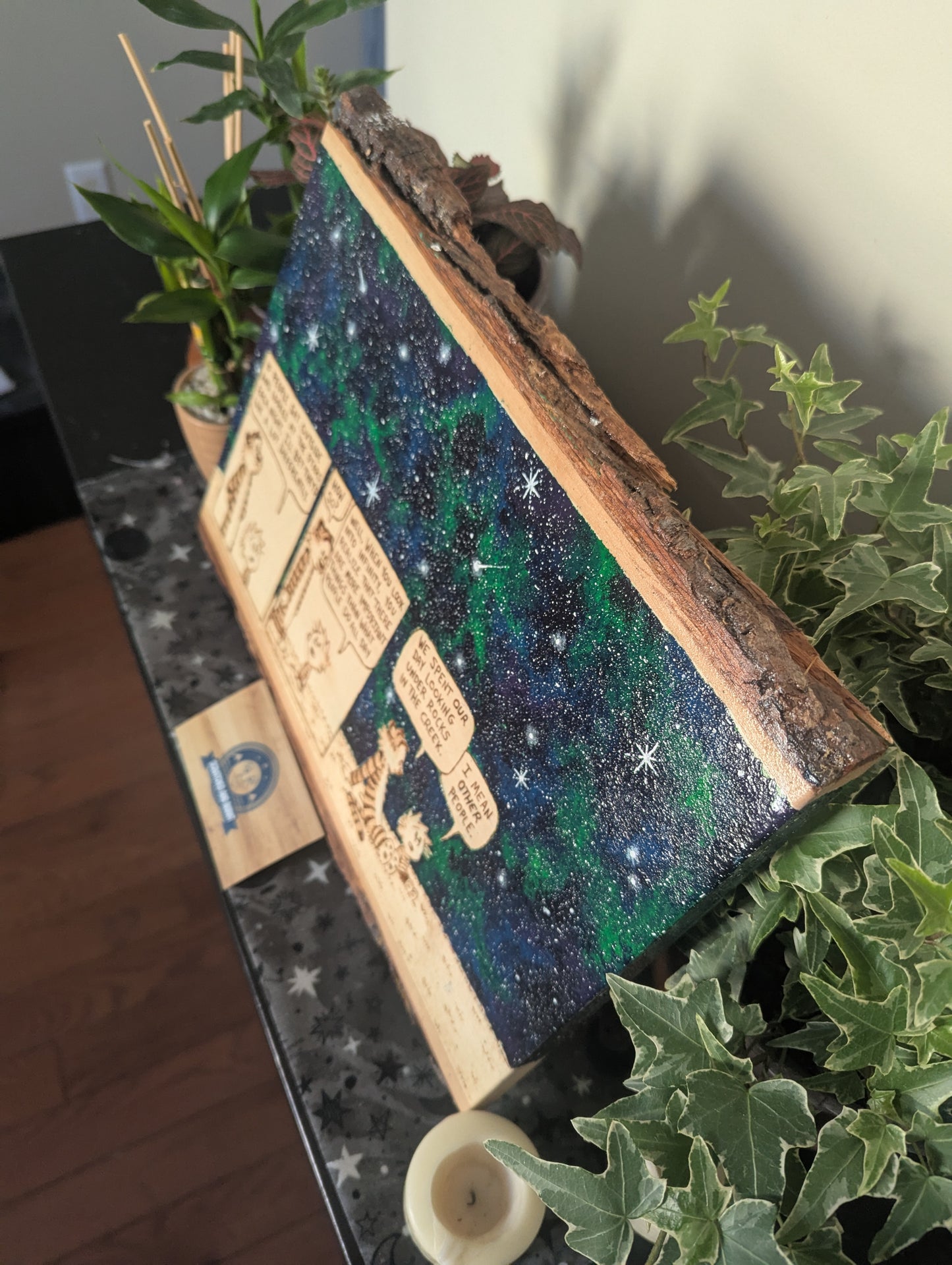Calvin and Hobbes 'Looking at the Stars' Pyrography on Wood Canvas