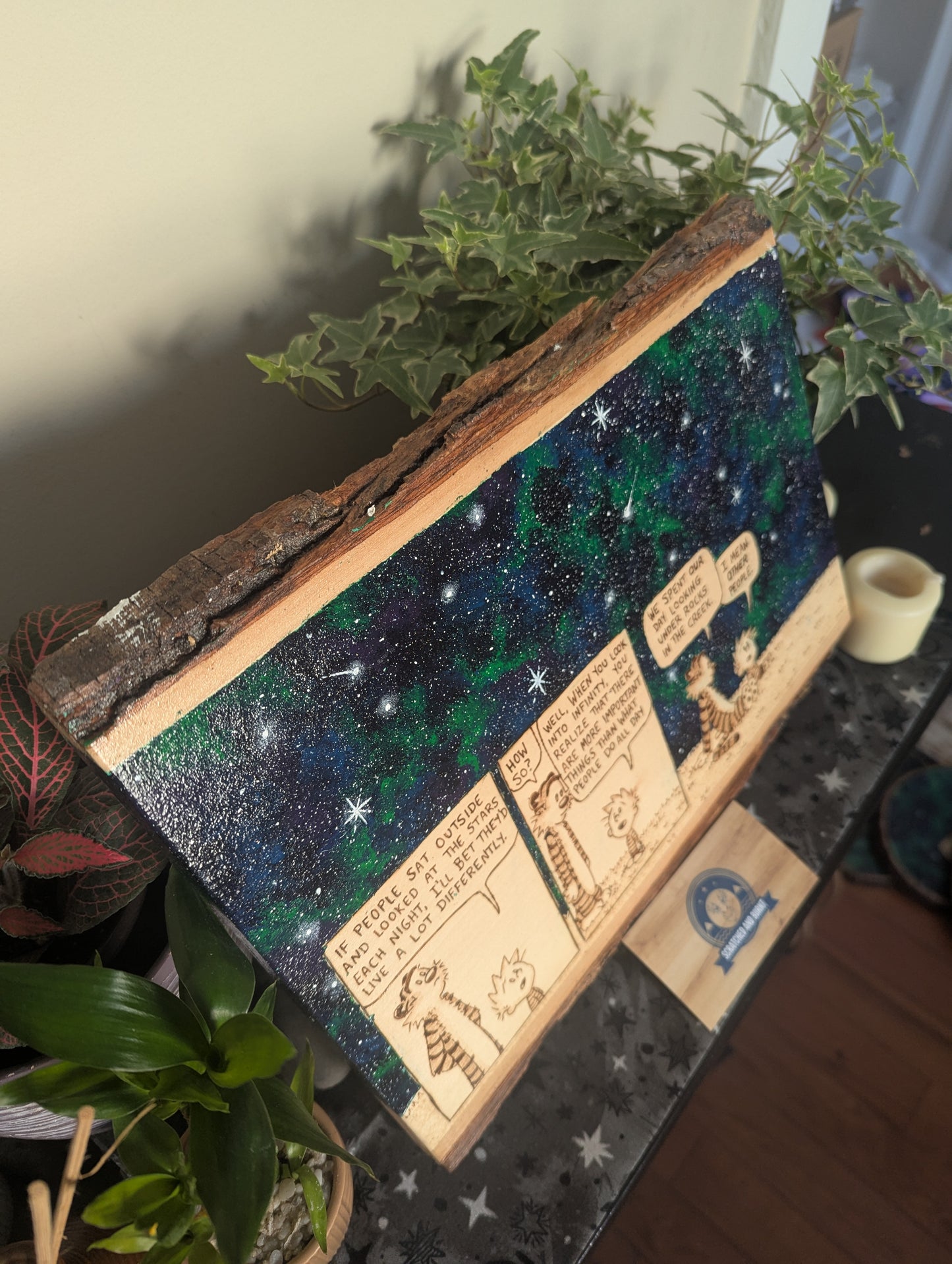 Calvin and Hobbes 'Looking at the Stars' Pyrography on Wood Canvas