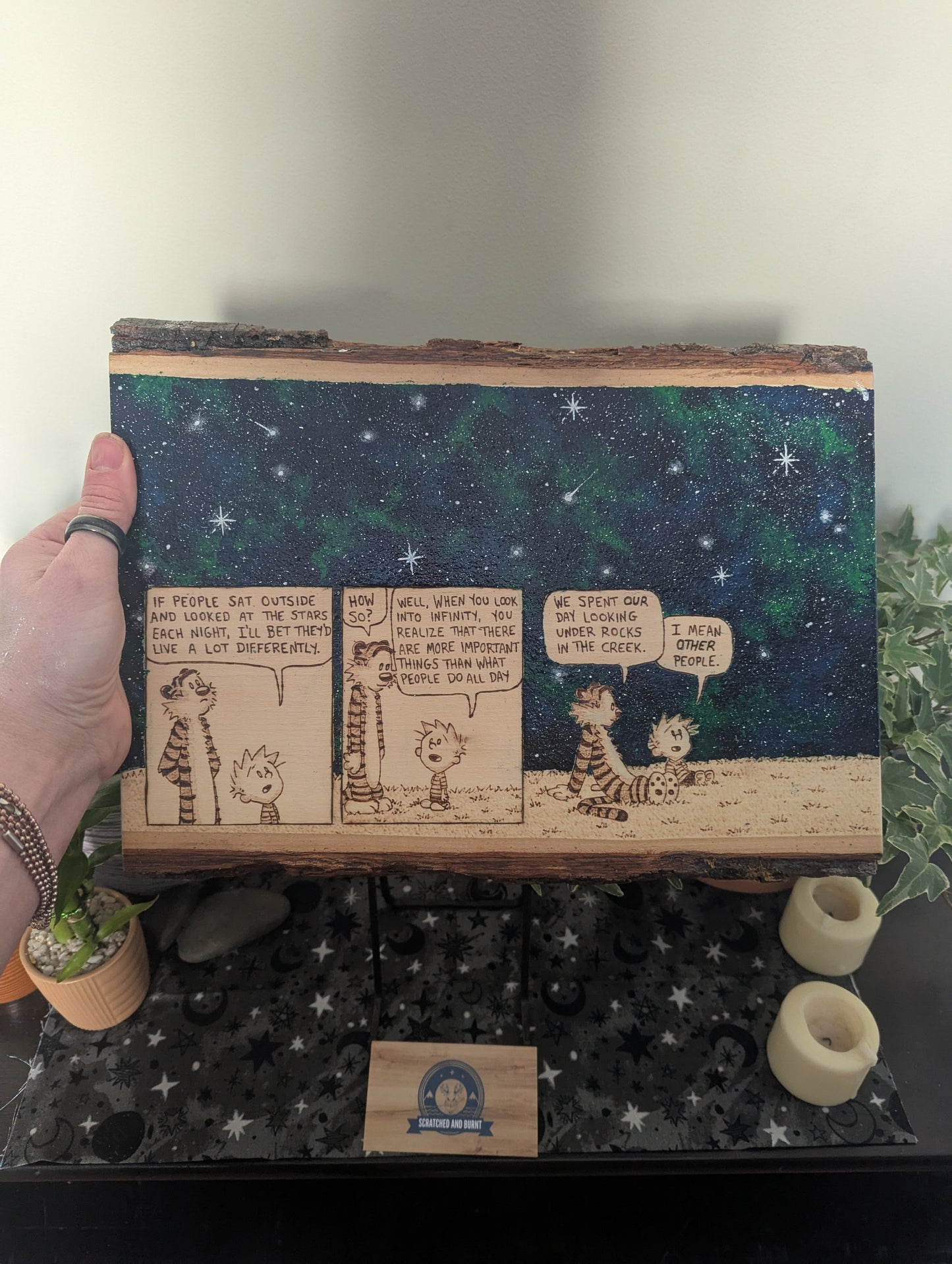 Calvin and Hobbes 'Looking at the Stars' Pyrography on Wood Canvas