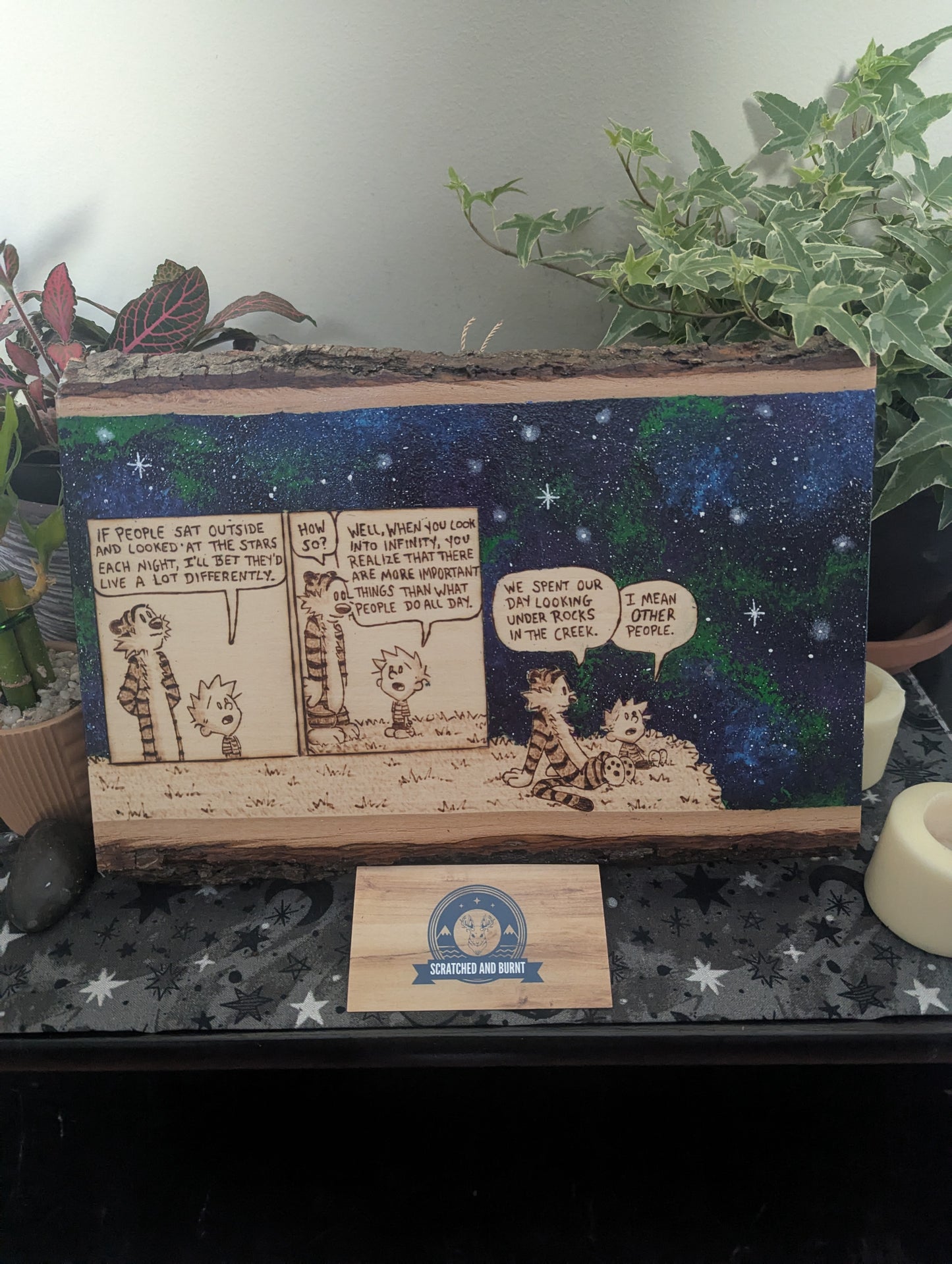 Calvin and Hobbes 'Looking at the Stars' Pyrography on Wood Canvas