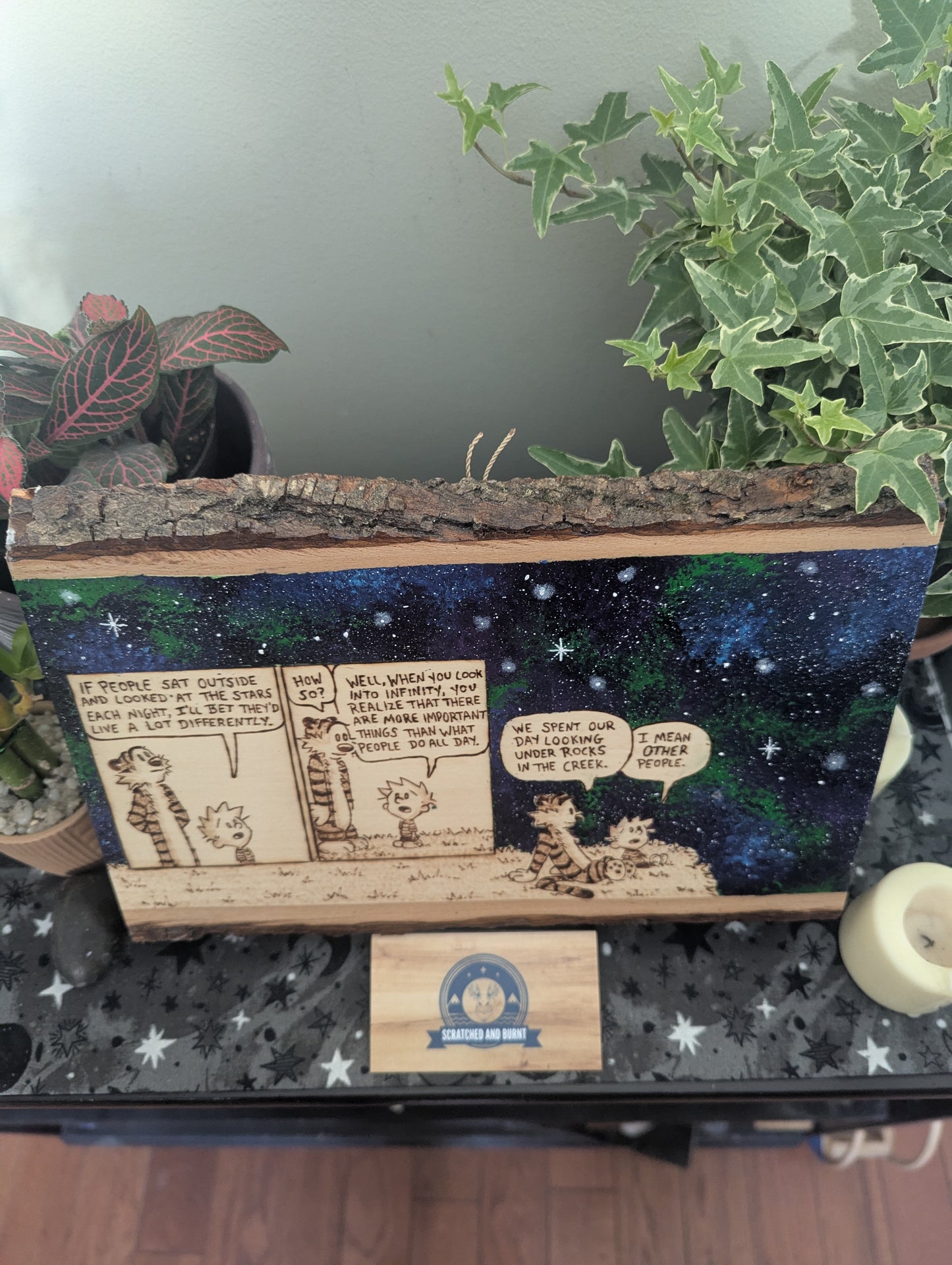 Calvin and Hobbes 'Looking at the Stars' Pyrography on Wood Canvas