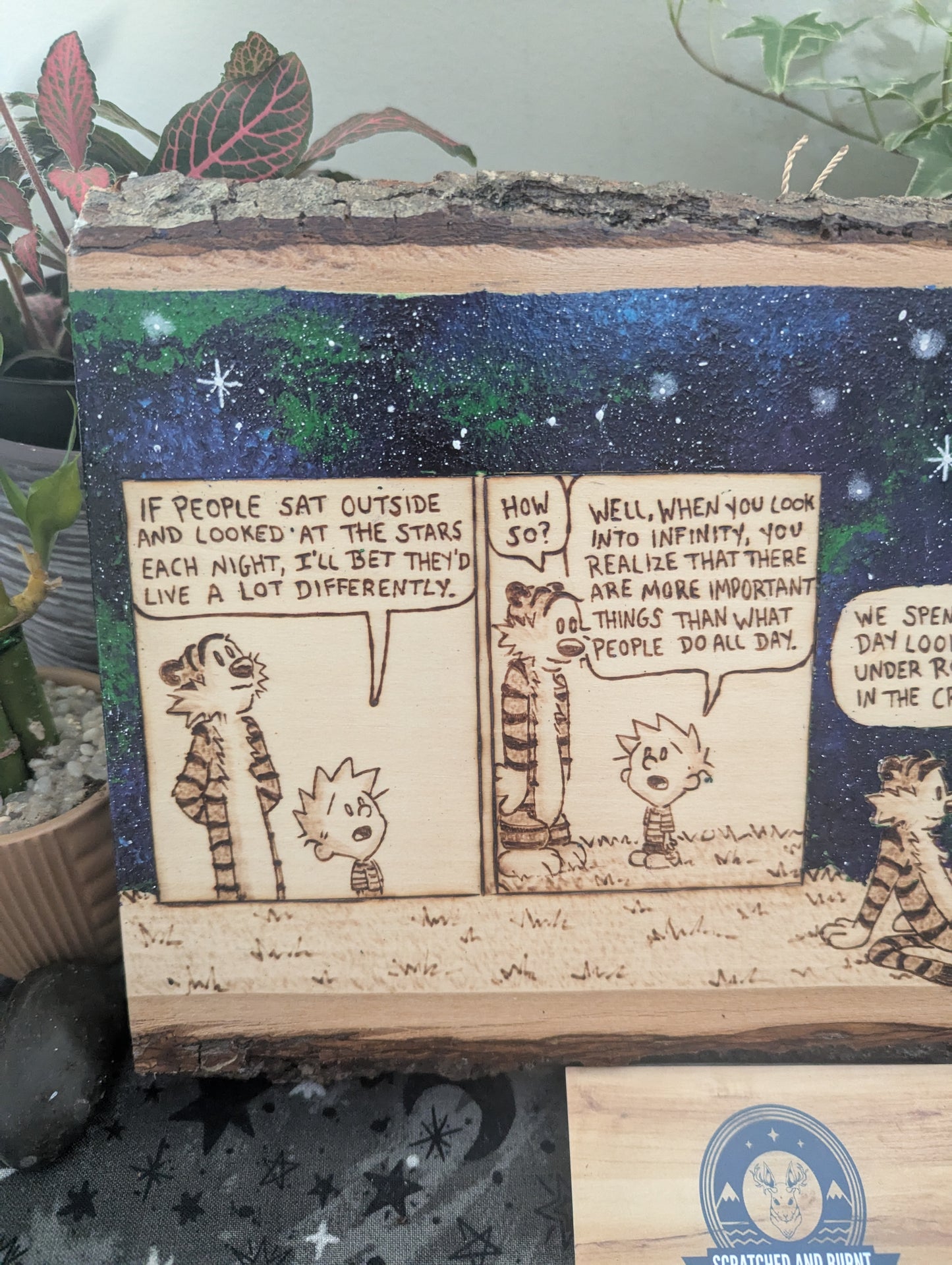 Calvin and Hobbes 'Looking at the Stars' Pyrography on Wood Canvas