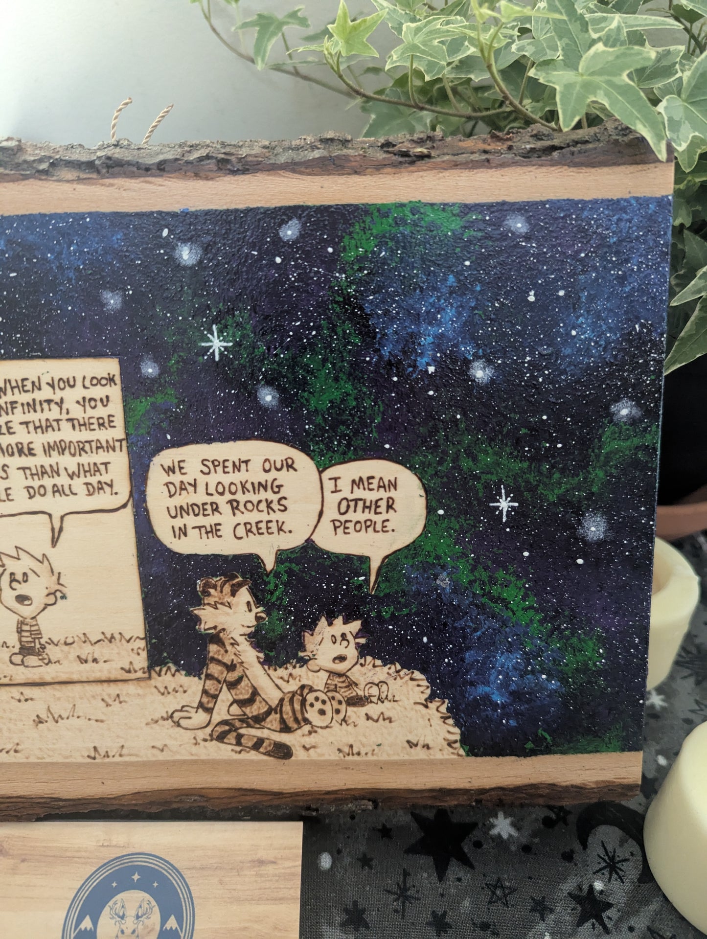 Calvin and Hobbes 'Looking at the Stars' Pyrography on Wood Canvas