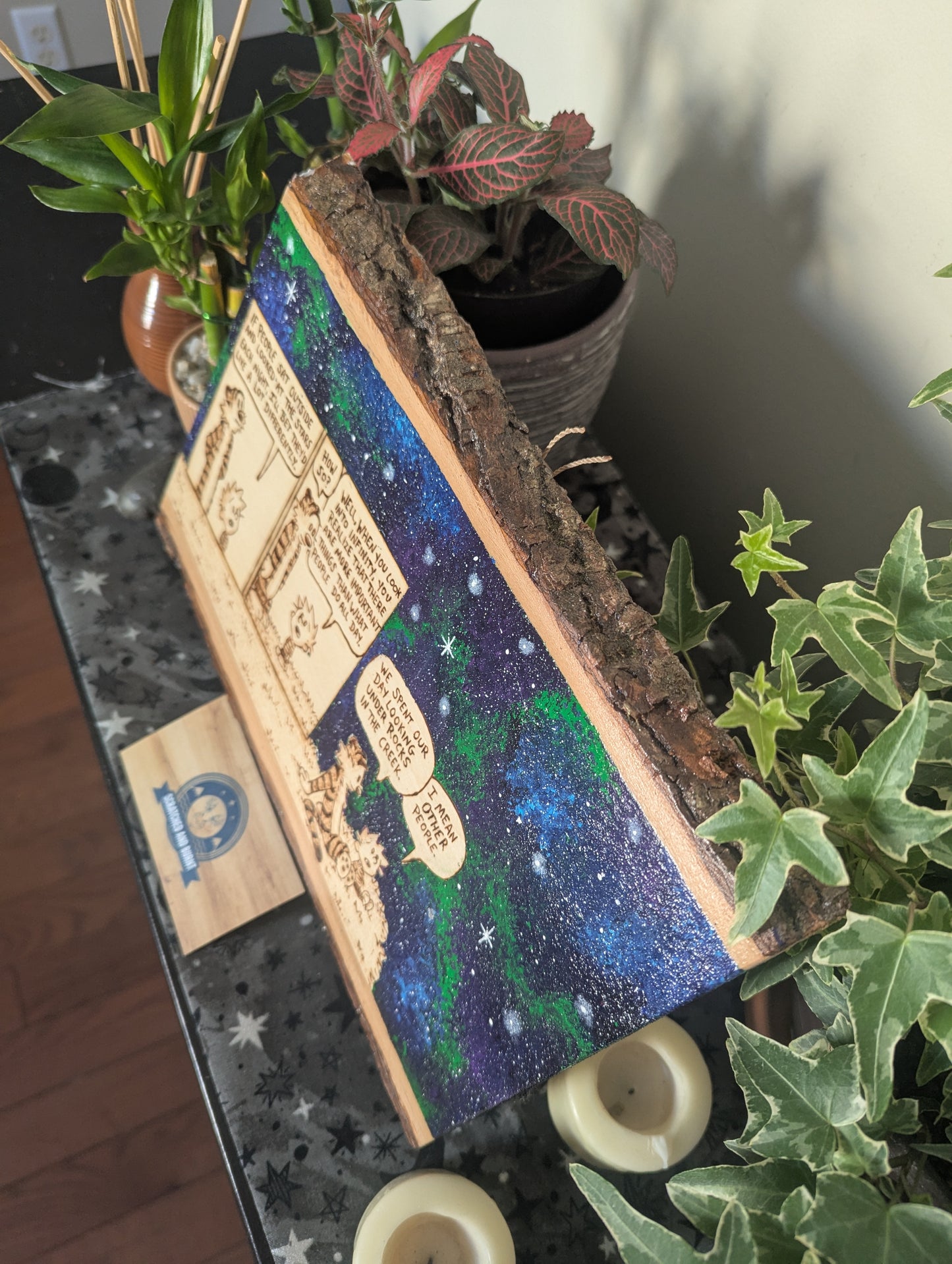 Calvin and Hobbes 'Looking at the Stars' Pyrography on Wood Canvas