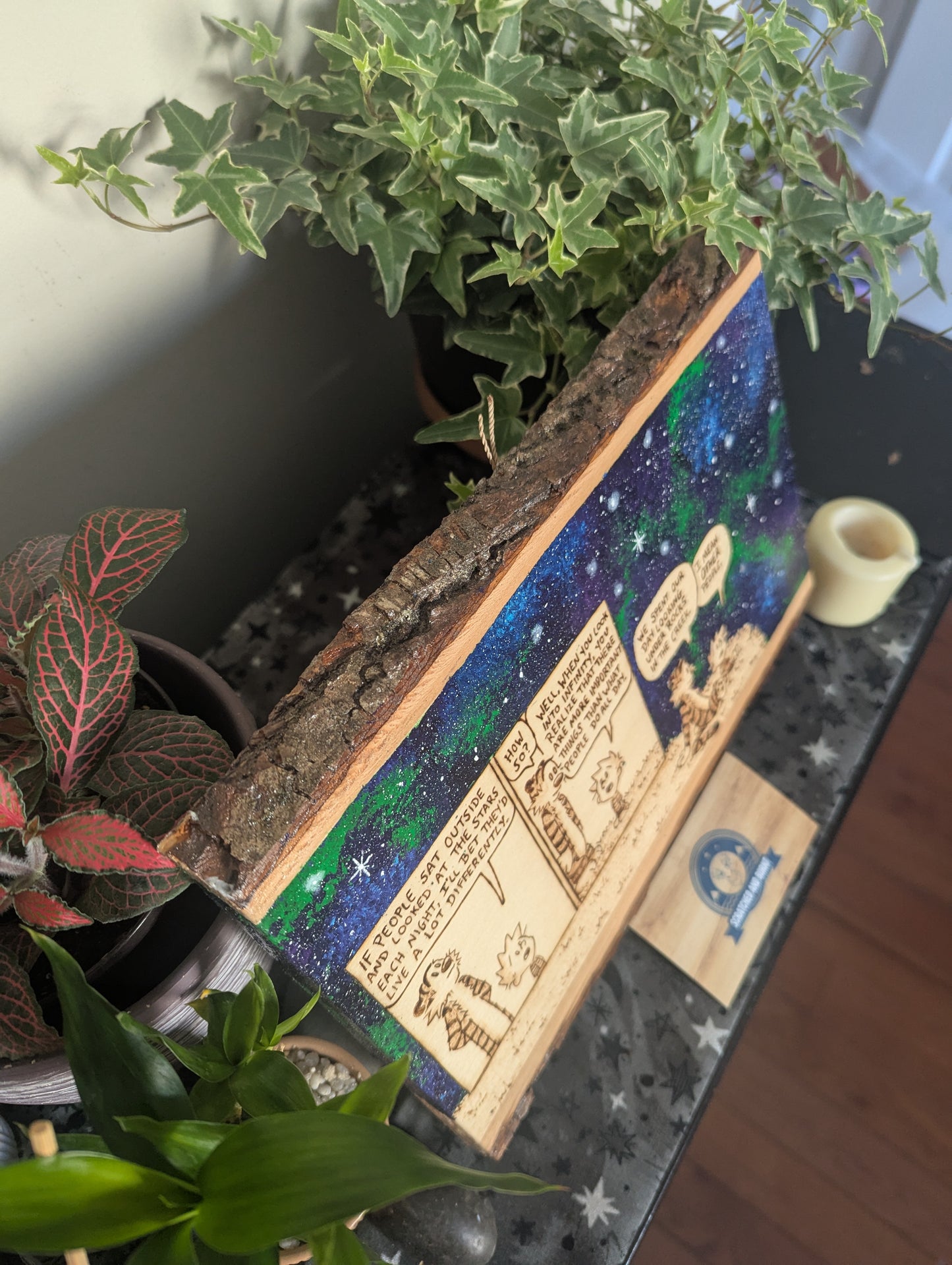 Calvin and Hobbes 'Looking at the Stars' Pyrography on Wood Canvas