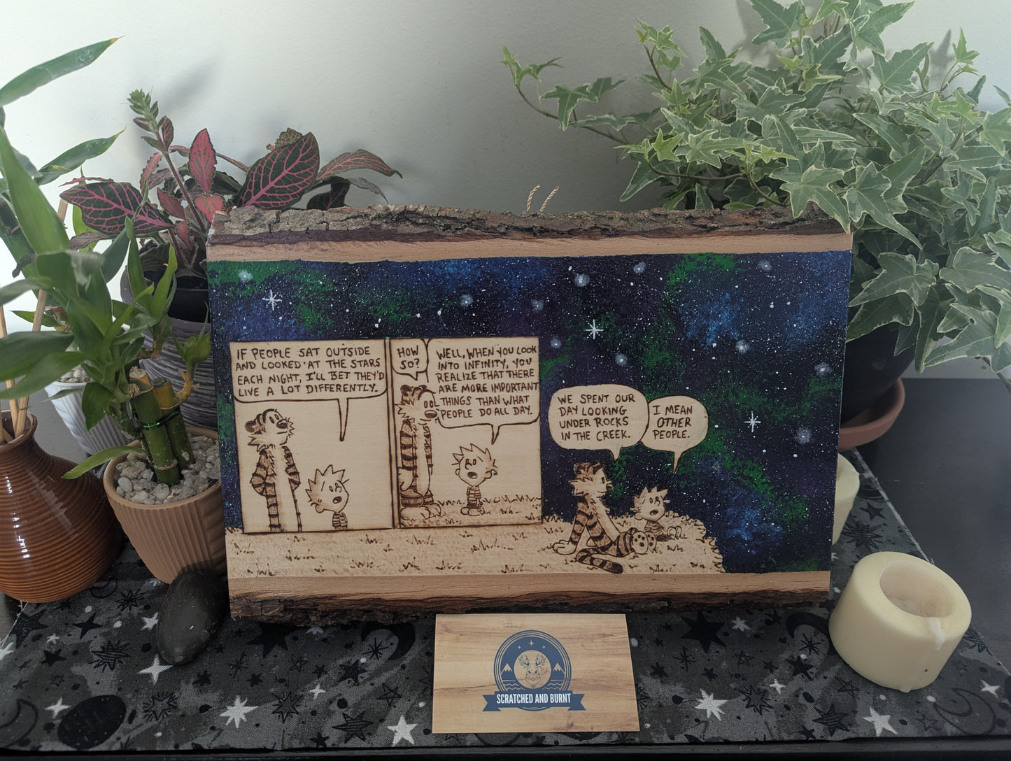 Calvin and Hobbes 'Looking at the Stars' Pyrography on Wood Canvas