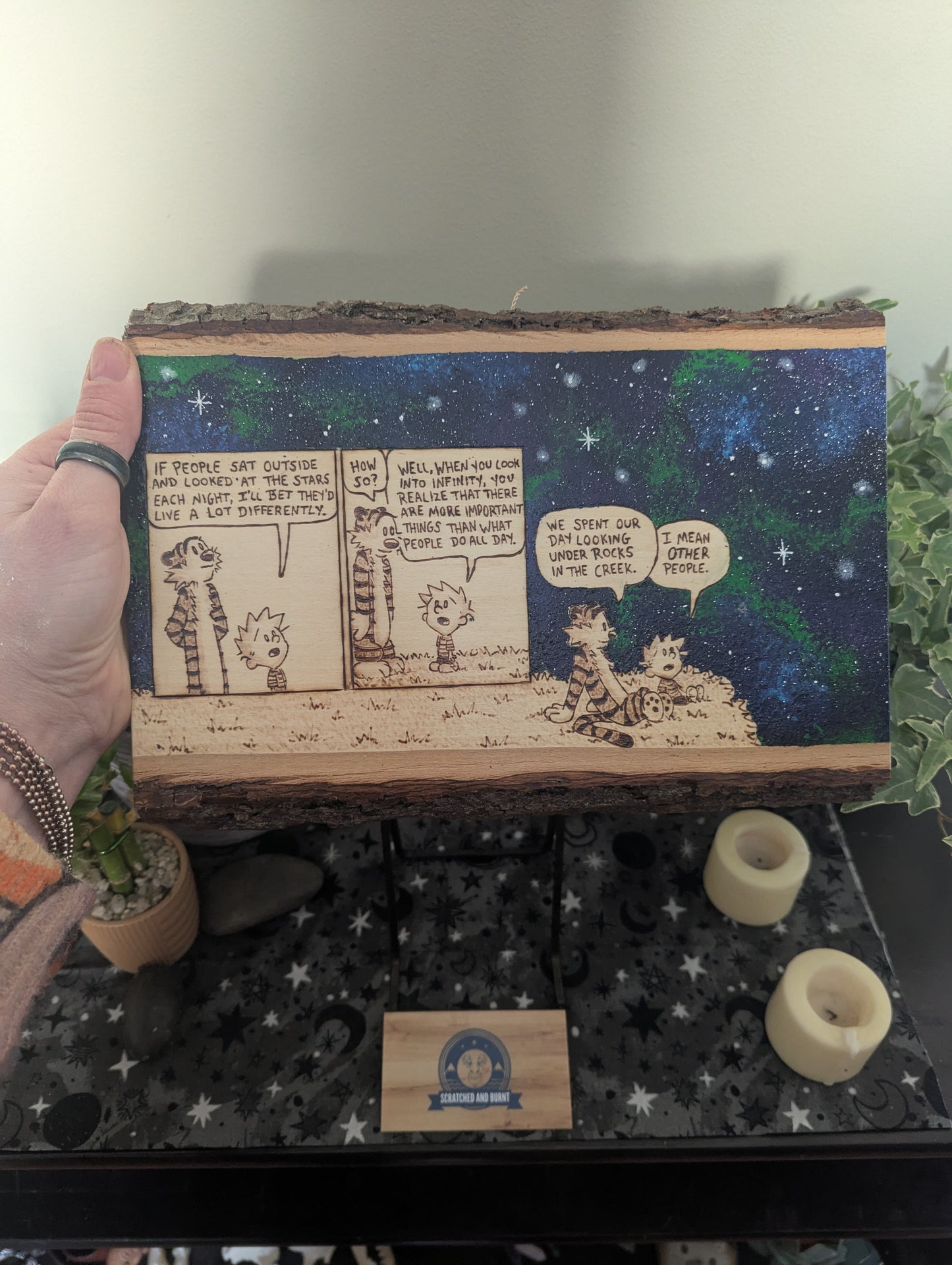 Calvin and Hobbes 'Looking at the Stars' Pyrography on Wood Canvas