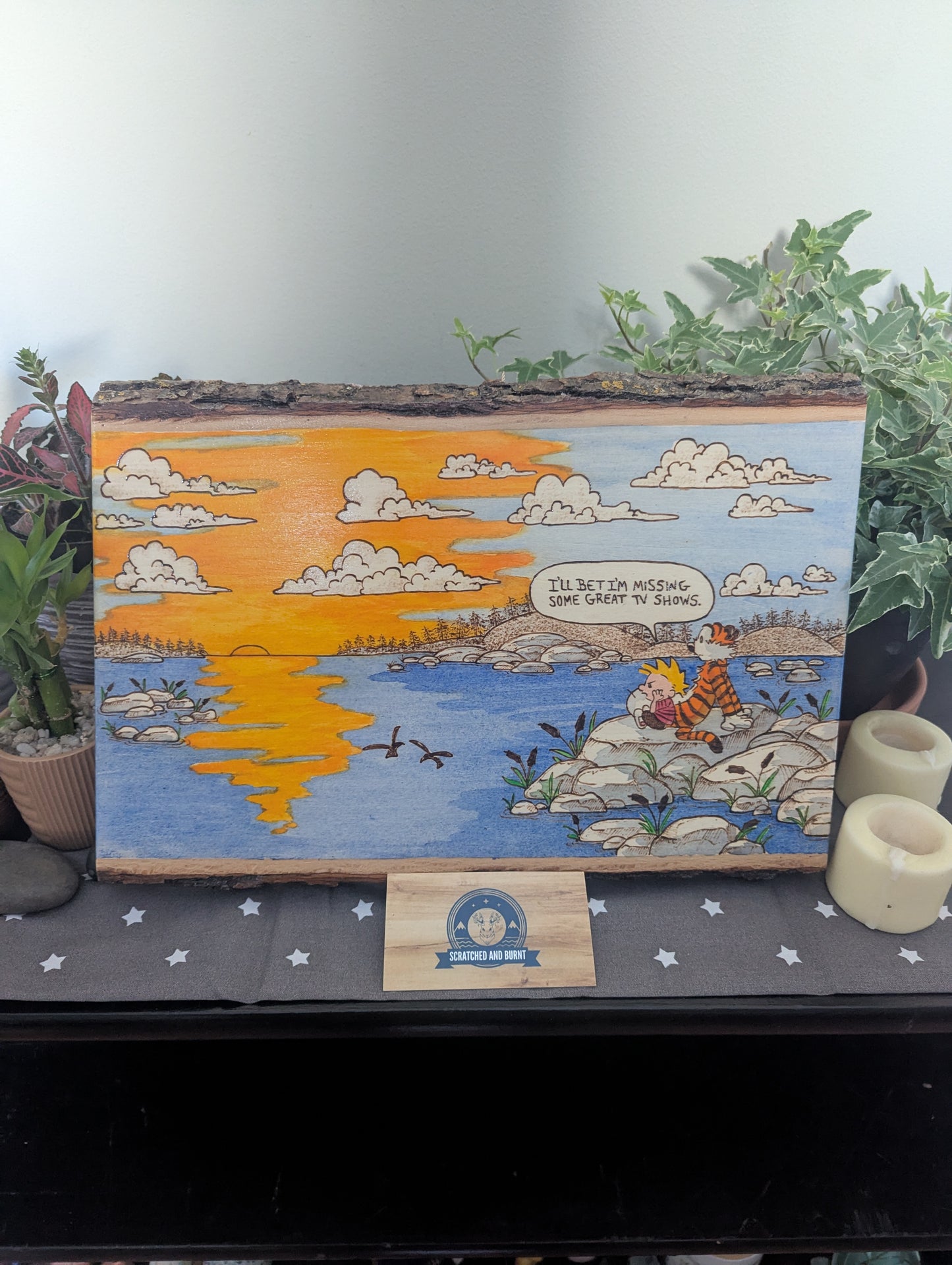 Calvin and Hobbes 'Enjoy the Sunset' Pyrography on Wood Canvas