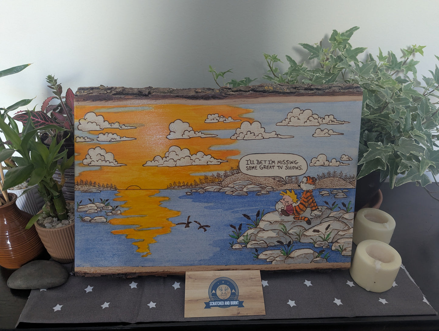 Calvin and Hobbes 'Enjoy the Sunset' Pyrography on Wood Canvas