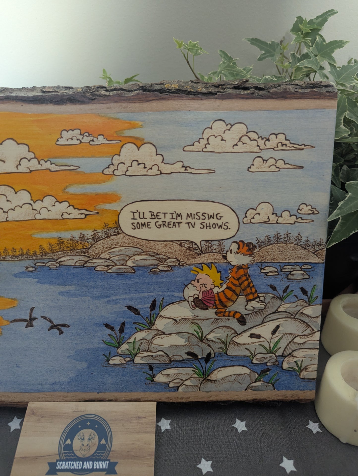 Calvin and Hobbes 'Enjoy the Sunset' Pyrography on Wood Canvas