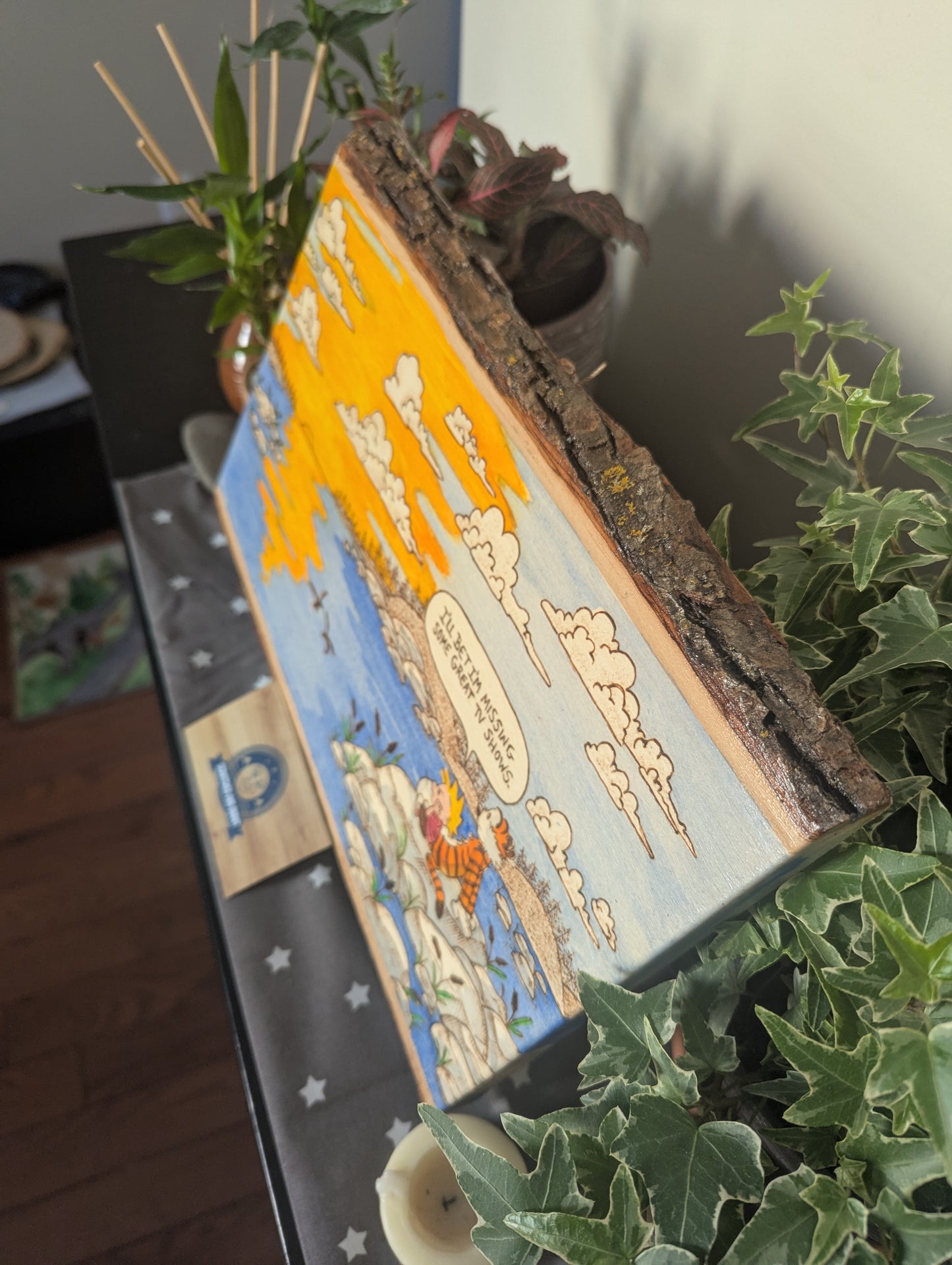 Calvin and Hobbes 'Enjoy the Sunset' Pyrography on Wood Canvas