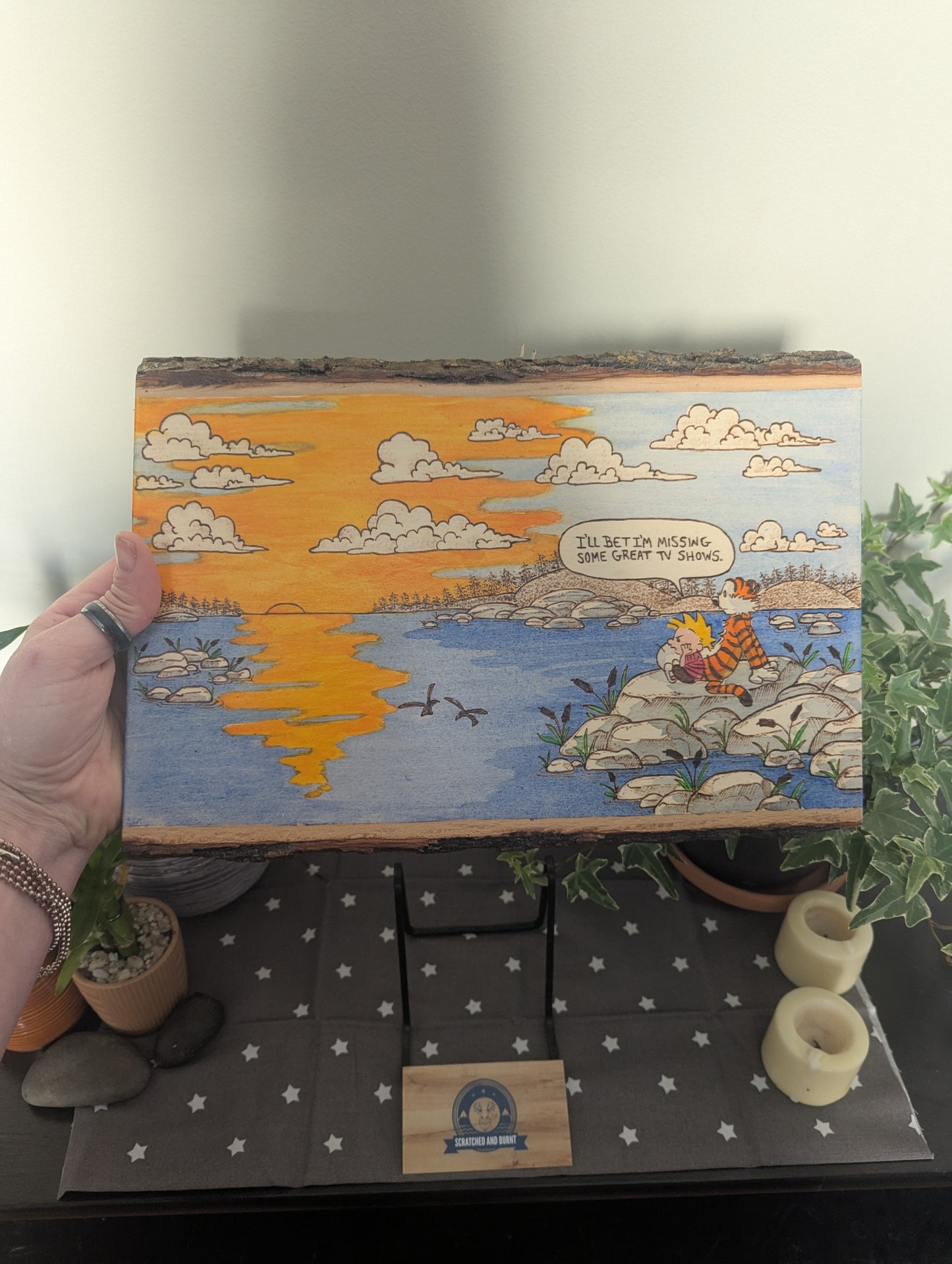 Calvin and Hobbes 'Enjoy the Sunset' Pyrography on Wood Canvas
