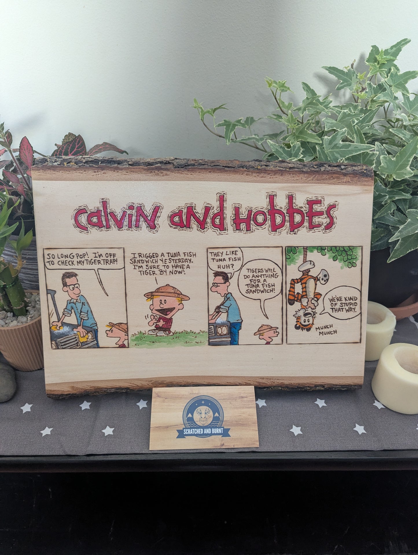 Calvin and Hobbes 'Catching a Tiger' Pyrography on Wood Canvas