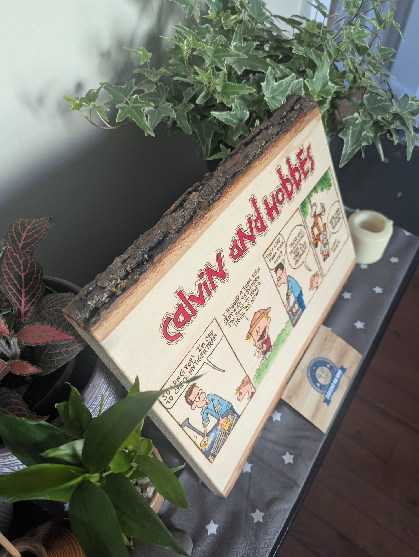 Calvin and Hobbes 'Catching a Tiger' Pyrography on Wood Canvas