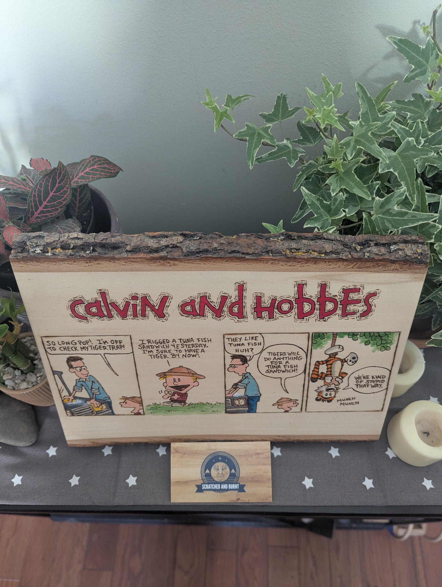 Calvin and Hobbes 'Catching a Tiger' Pyrography on Wood Canvas