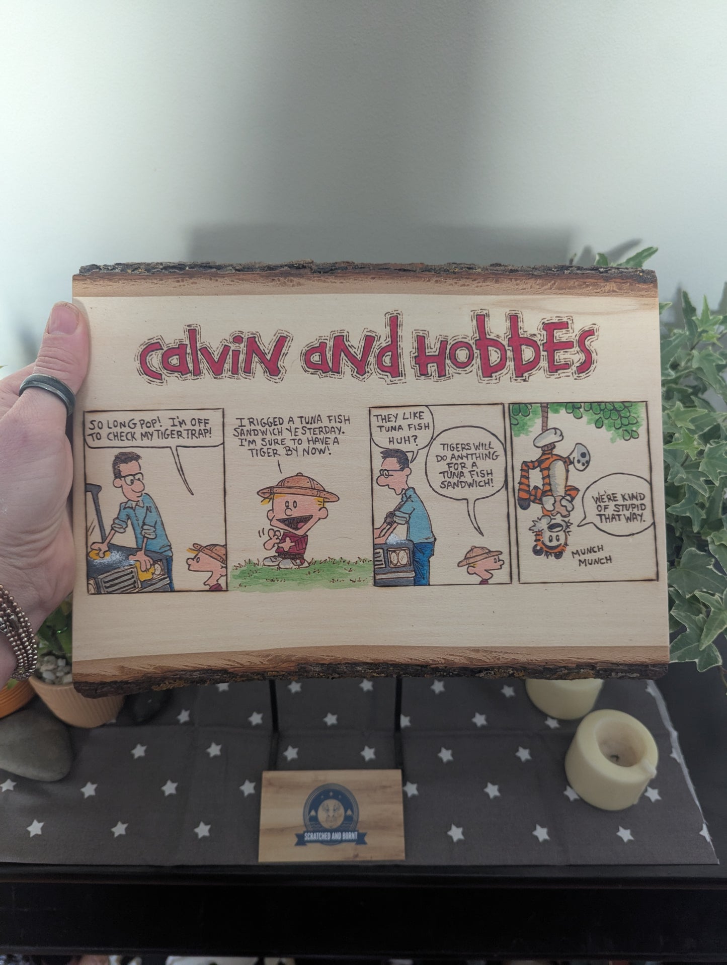 Calvin and Hobbes 'Catching a Tiger' Pyrography on Wood Canvas