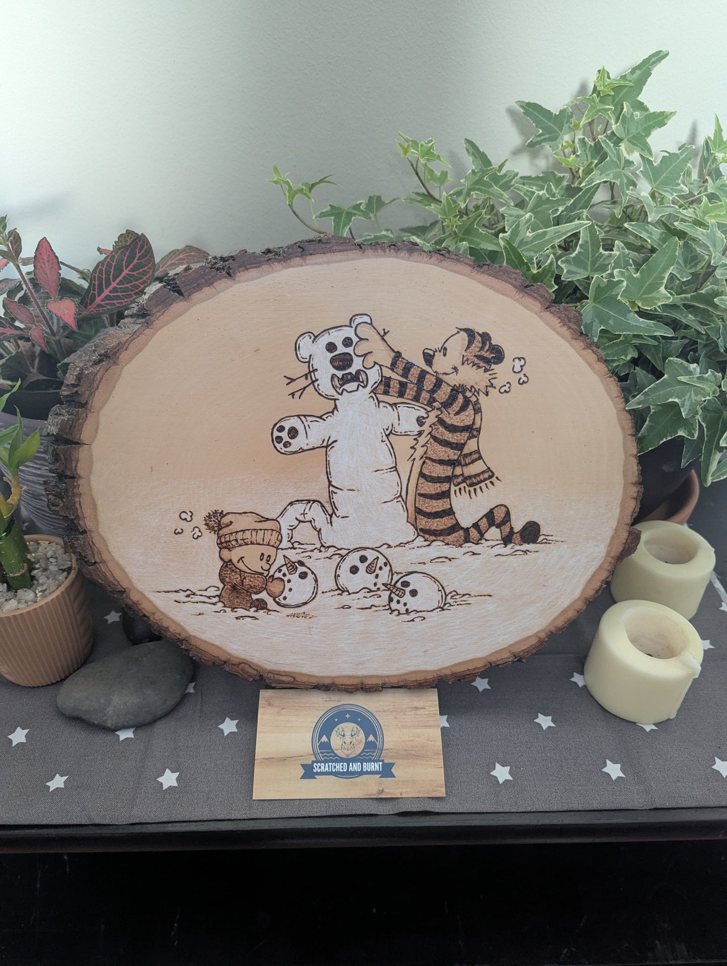 Calvin and Hobbes 'Building a Snowtiger' Pyrography on Wood Canvas
