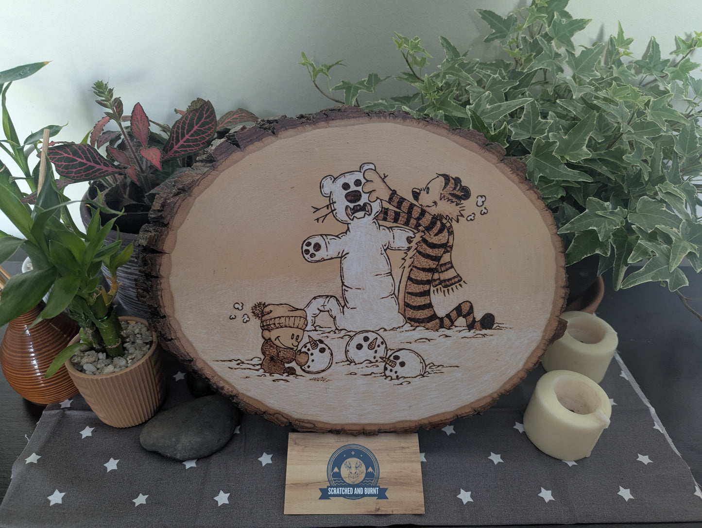 Calvin and Hobbes 'Building a Snowtiger' Pyrography on Wood Canvas
