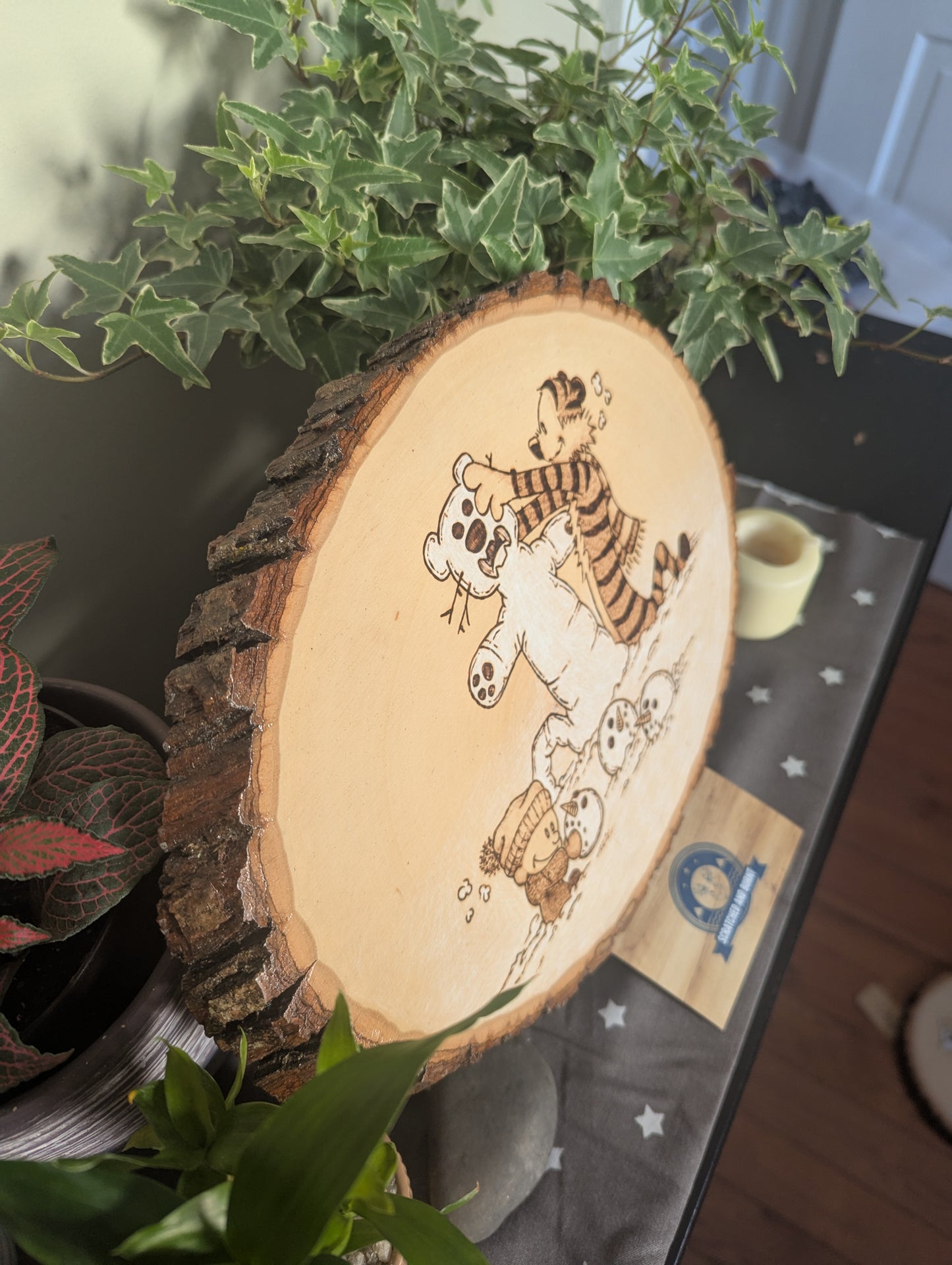 Calvin and Hobbes 'Building a Snowtiger' Pyrography on Wood Canvas