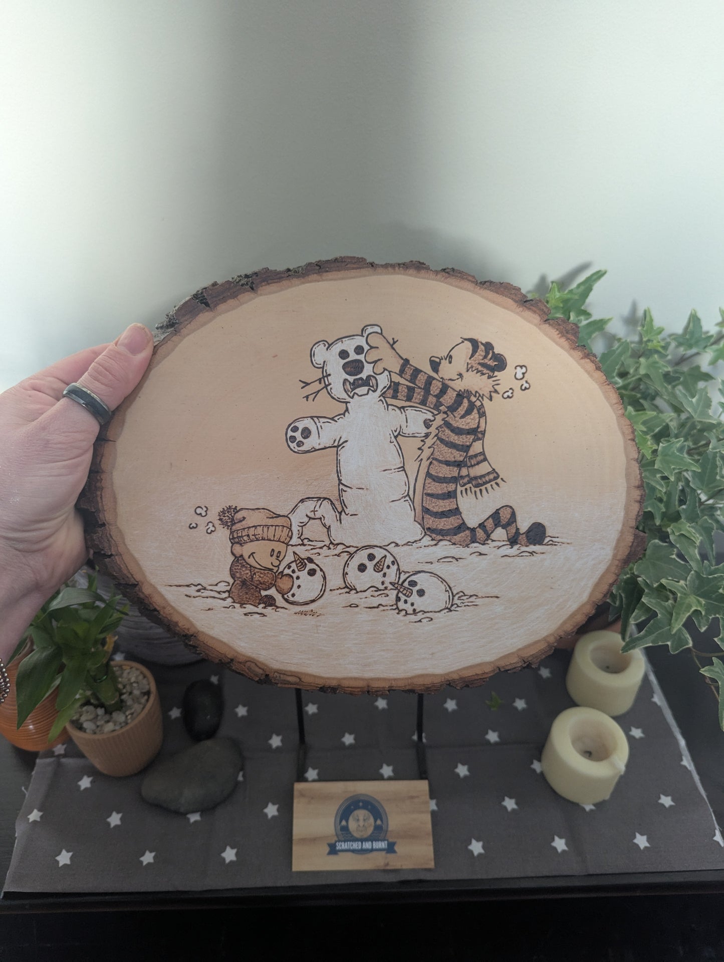 Calvin and Hobbes 'Building a Snowtiger' Pyrography on Wood Canvas