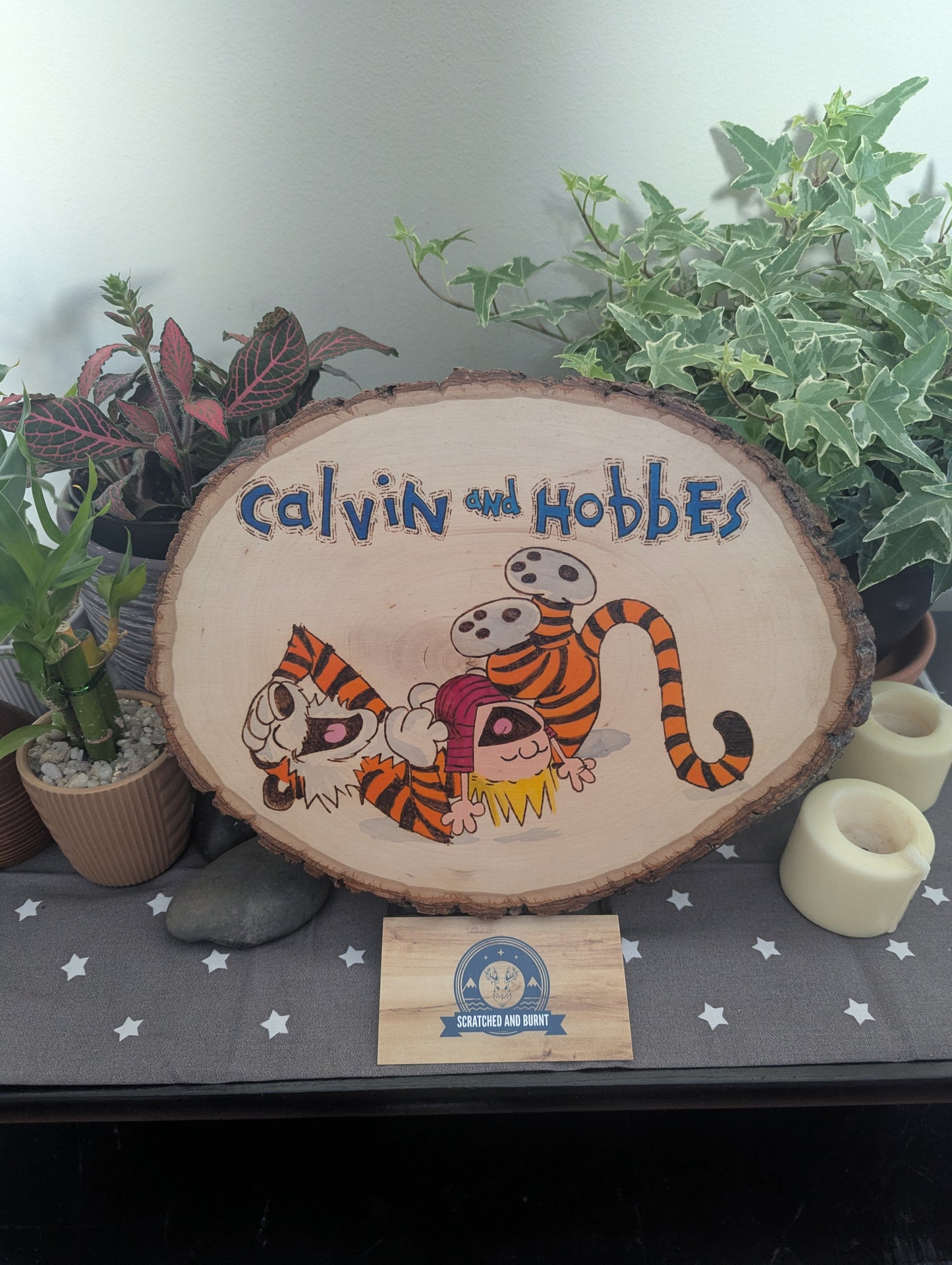 Calvin and Hobbes 'Laughing Friends' Pyrography on Wood Canvas