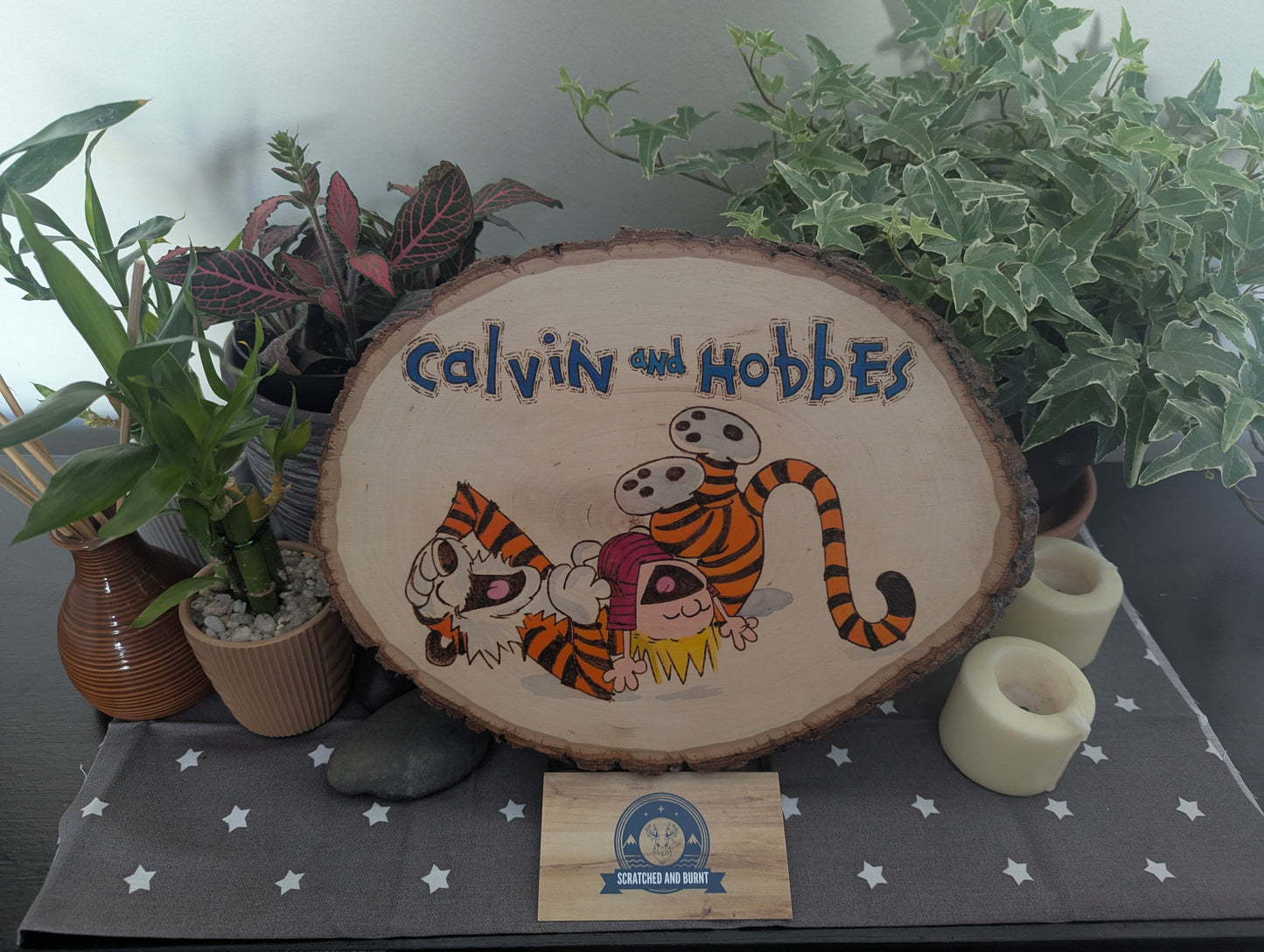 Calvin and Hobbes 'Laughing Friends' Pyrography on Wood Canvas
