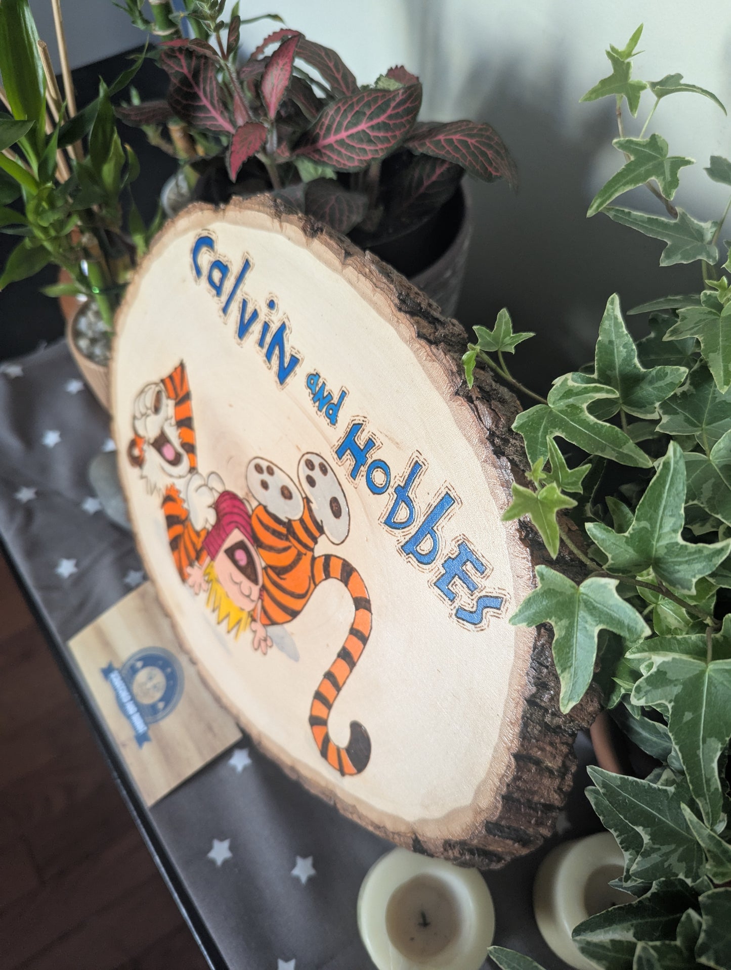 Calvin and Hobbes 'Laughing Friends' Pyrography on Wood Canvas