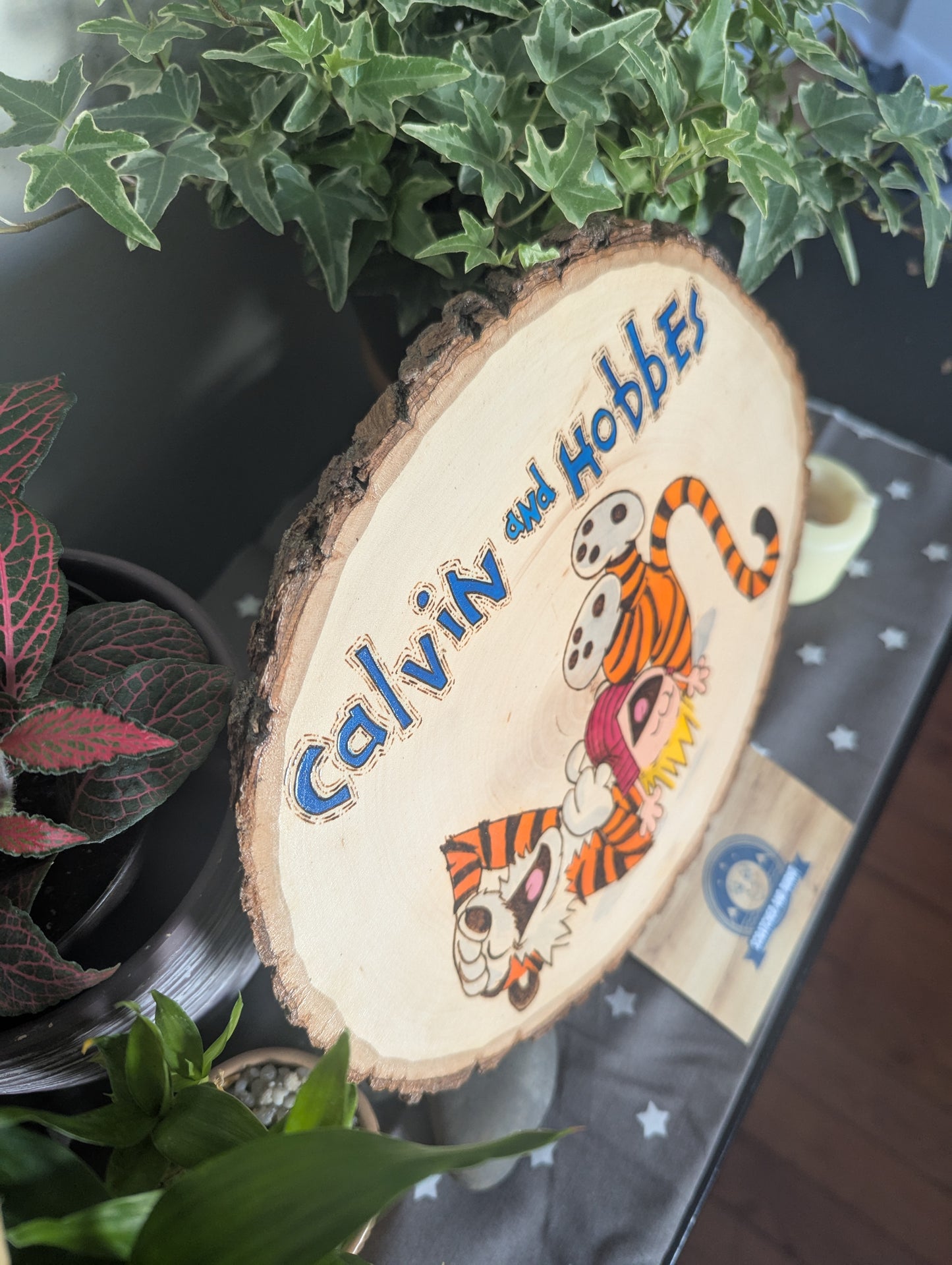 Calvin and Hobbes 'Laughing Friends' Pyrography on Wood Canvas