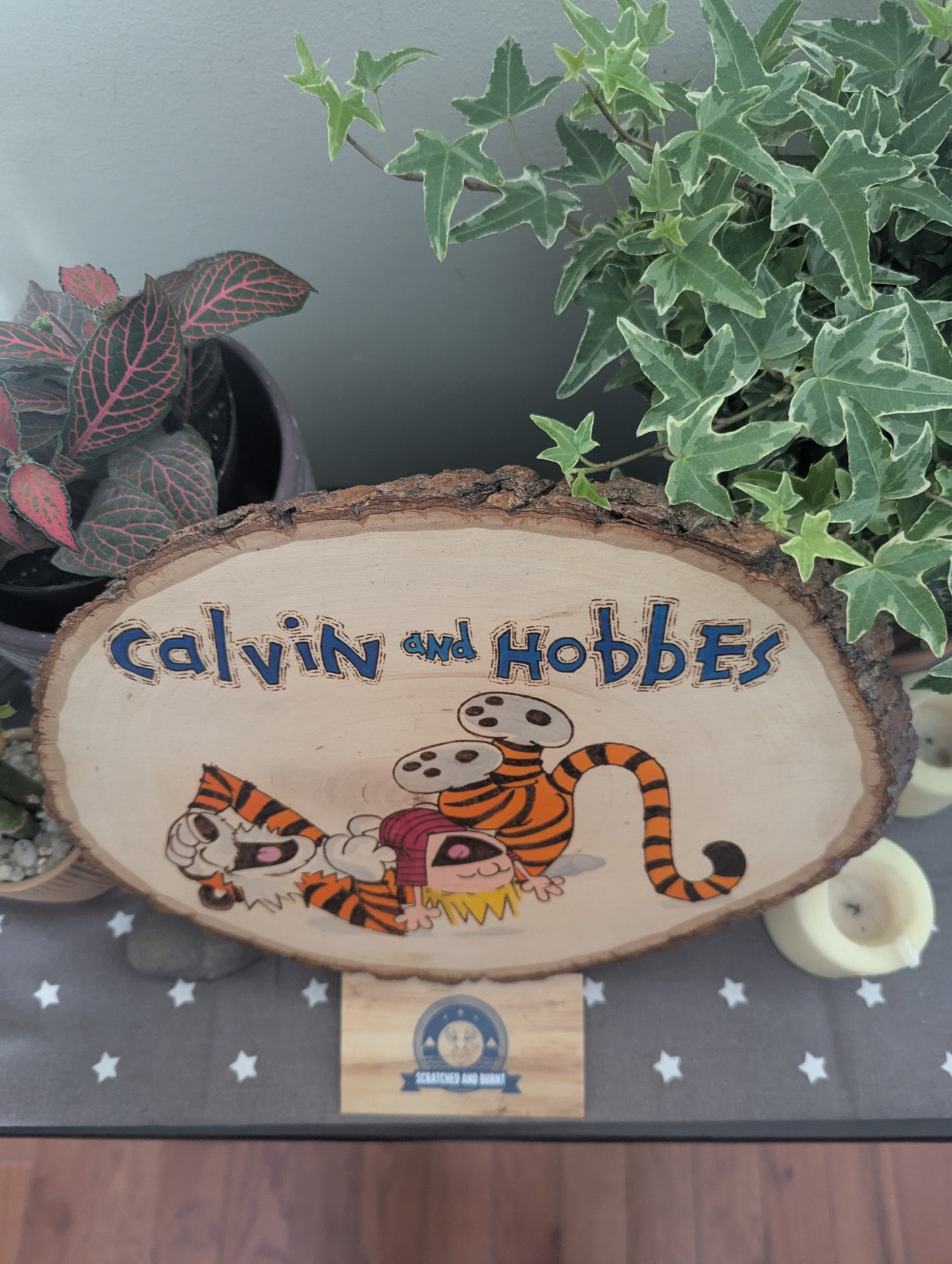 Calvin and Hobbes 'Laughing Friends' Pyrography on Wood Canvas