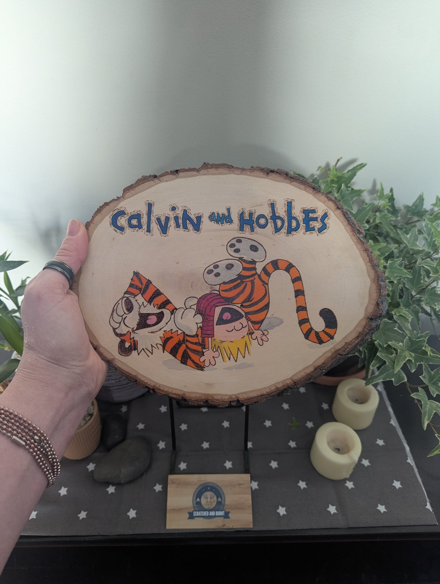 Calvin and Hobbes 'Laughing Friends' Pyrography on Wood Canvas
