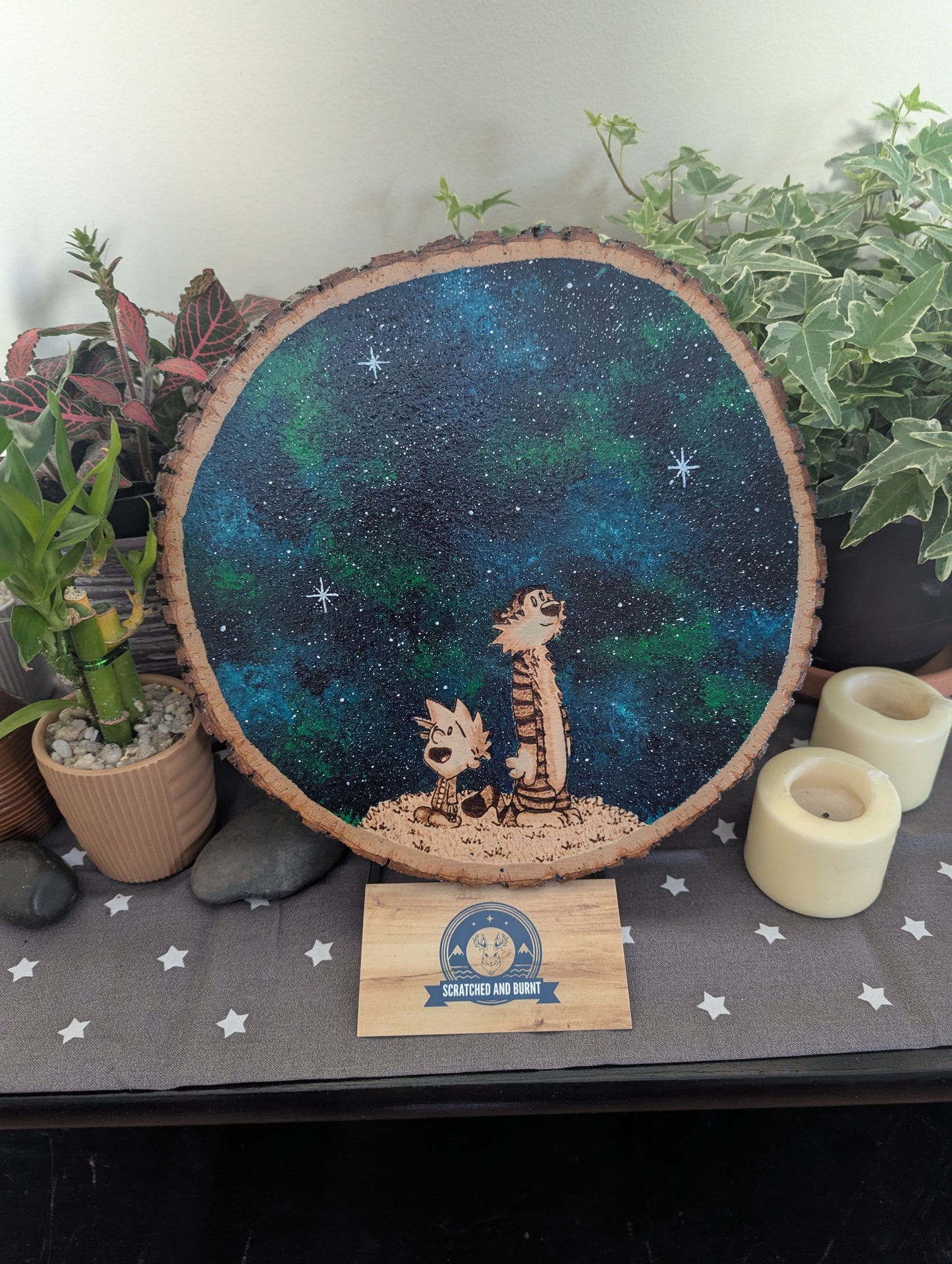 Calvin and Hobbes 'Mesmerized by the Night' Pyrography on Wood Canvas