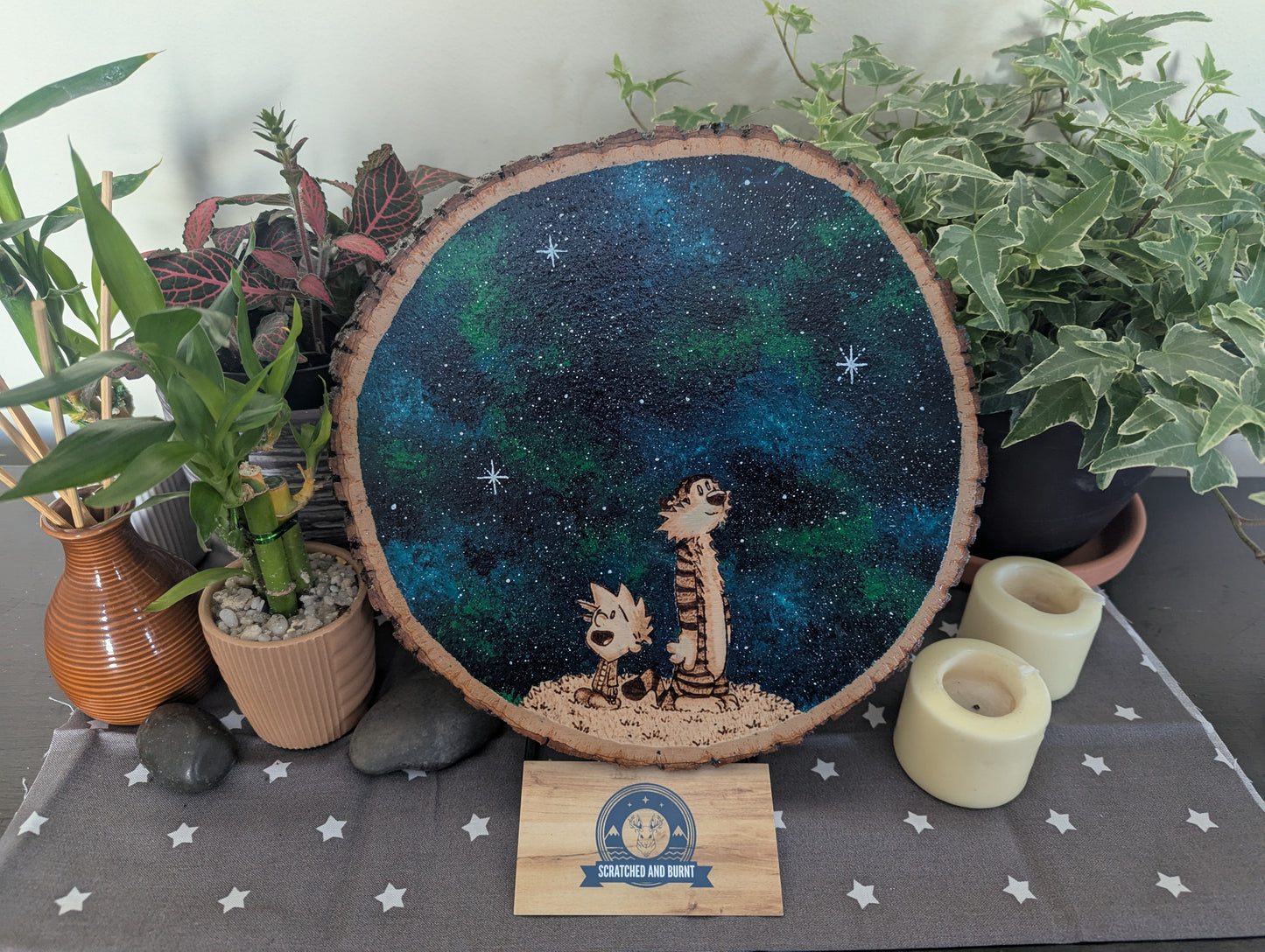 Calvin and Hobbes 'Mesmerized by the Night' Pyrography on Wood Canvas