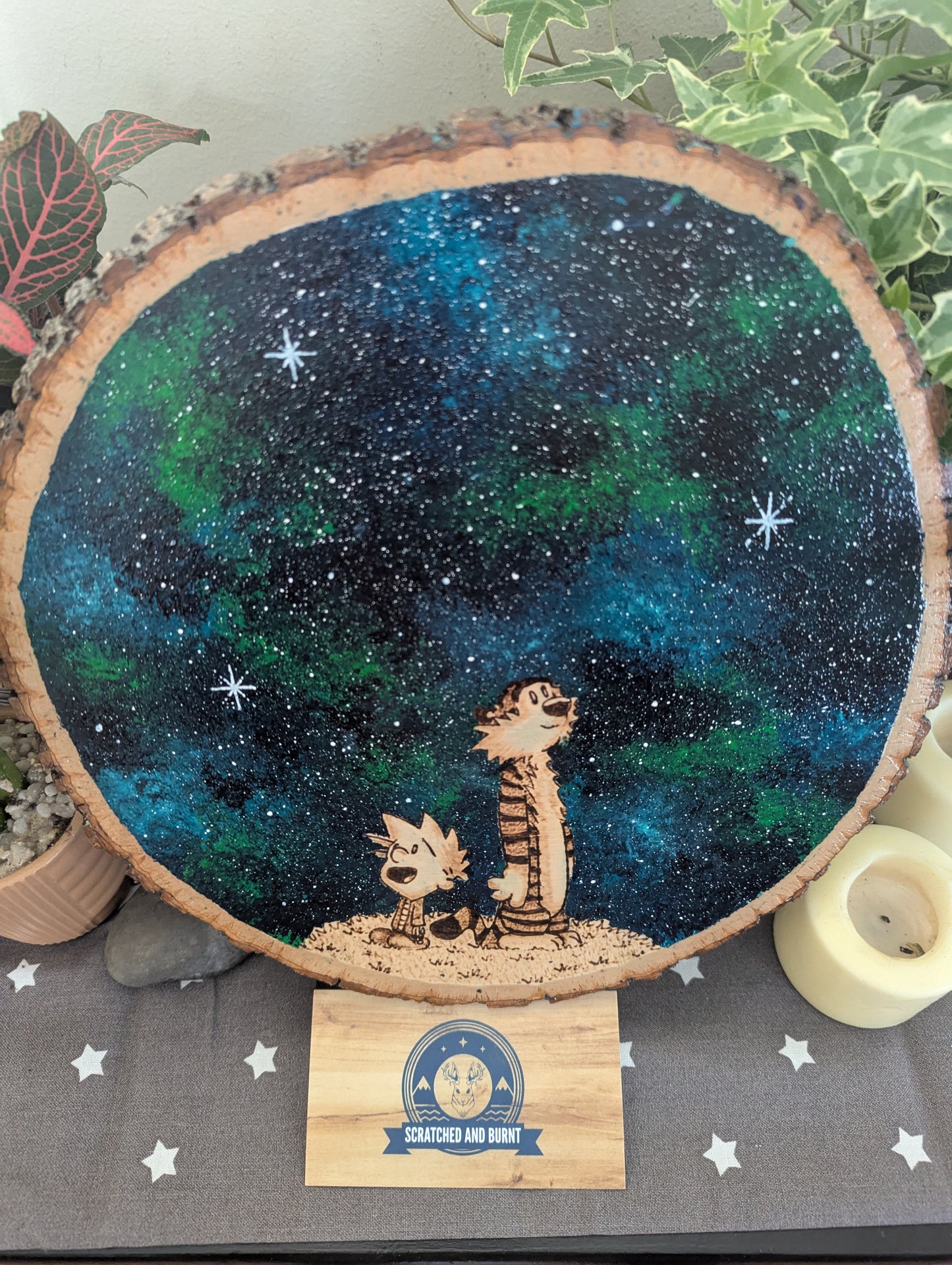 Calvin and Hobbes 'Mesmerized by the Night' Pyrography on Wood Canvas